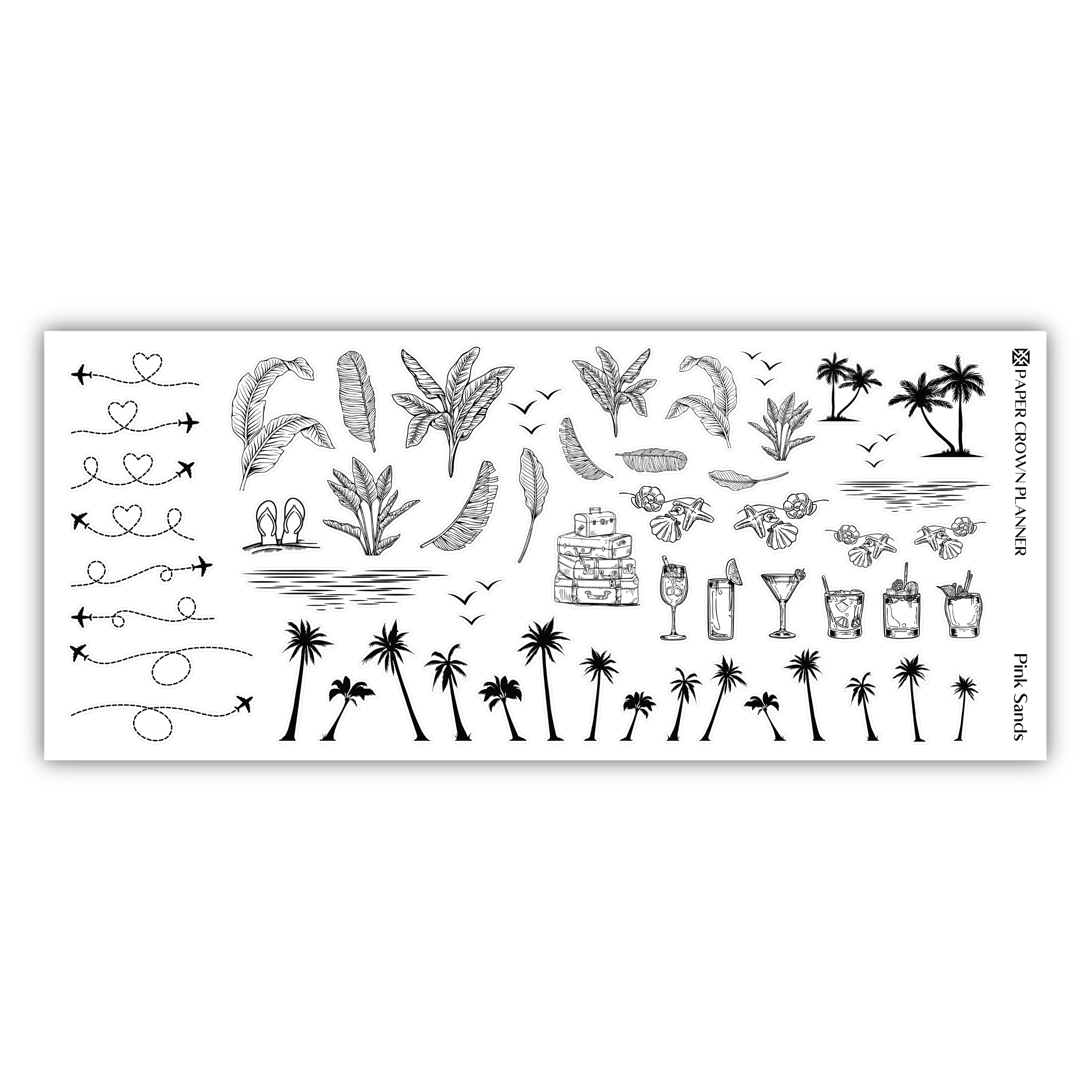 a sticker with a drawing of a beach scene and palm trees