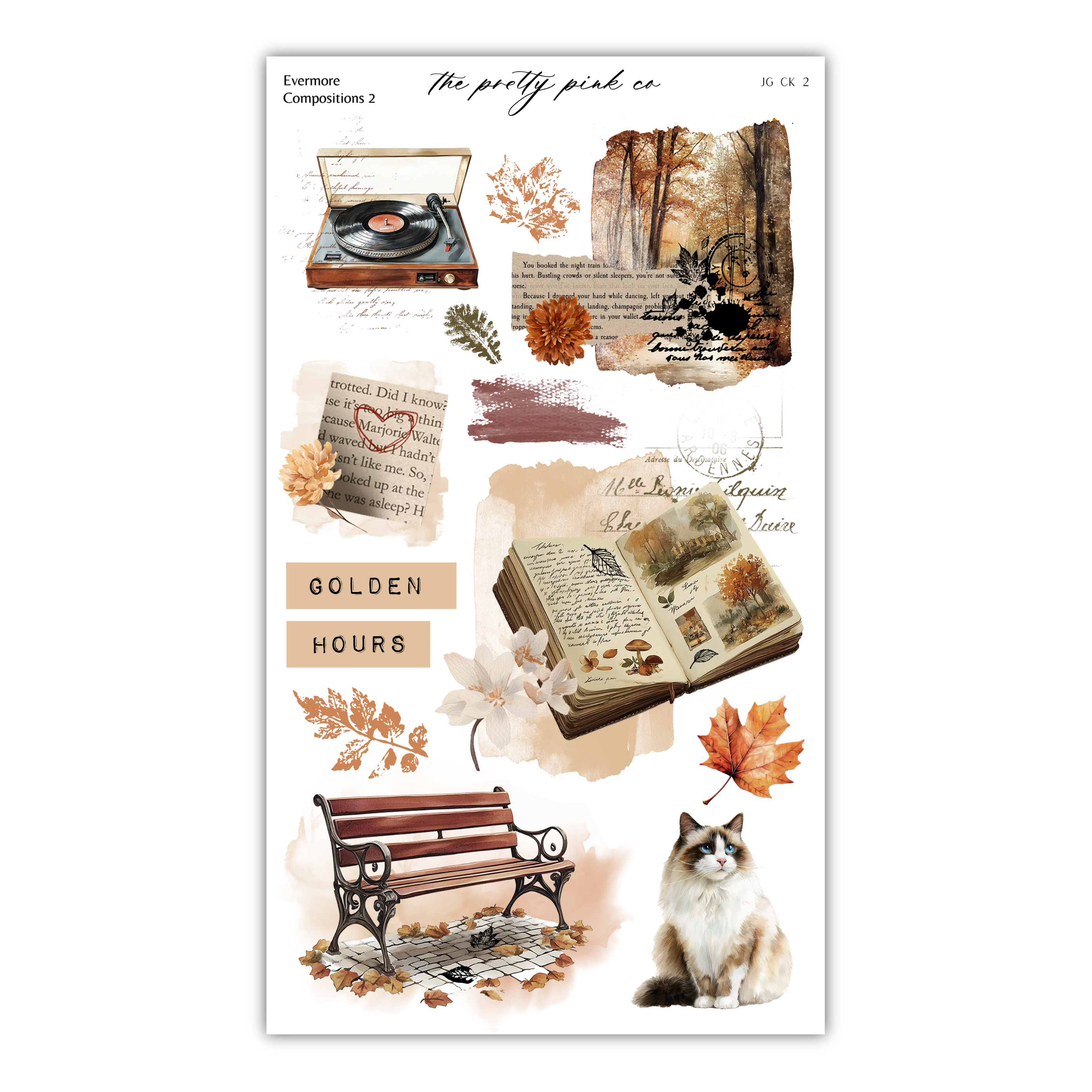 The image is a collage of various autumn-themed elements, including a record player, a book, a bench, a cat, and leaves. The collage is titled "The pretty pink co" and includes the phrase "Golden Hours" in the center.