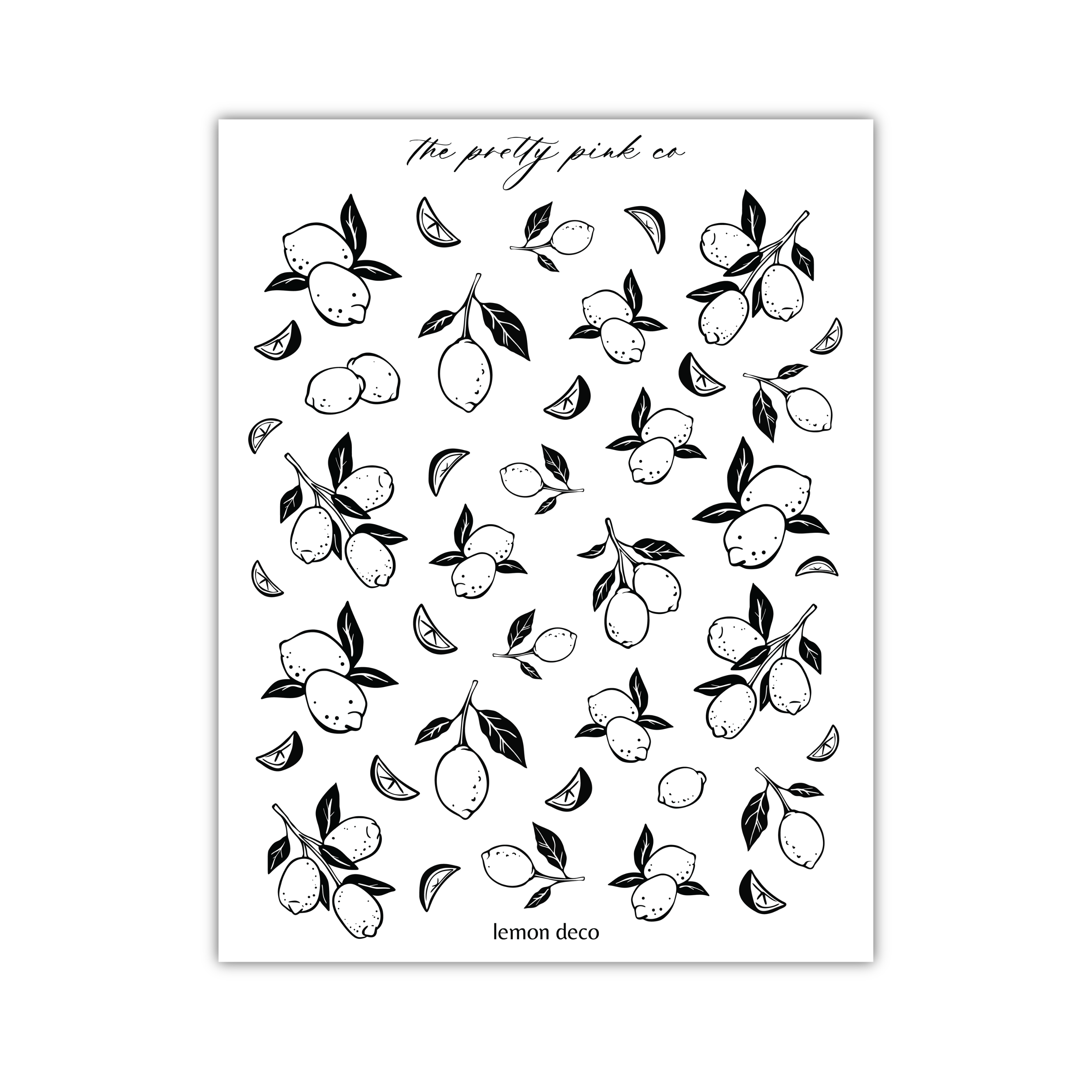 The image is a black and white illustration featuring various stylized lemon and lime illustrations scattered across the page.