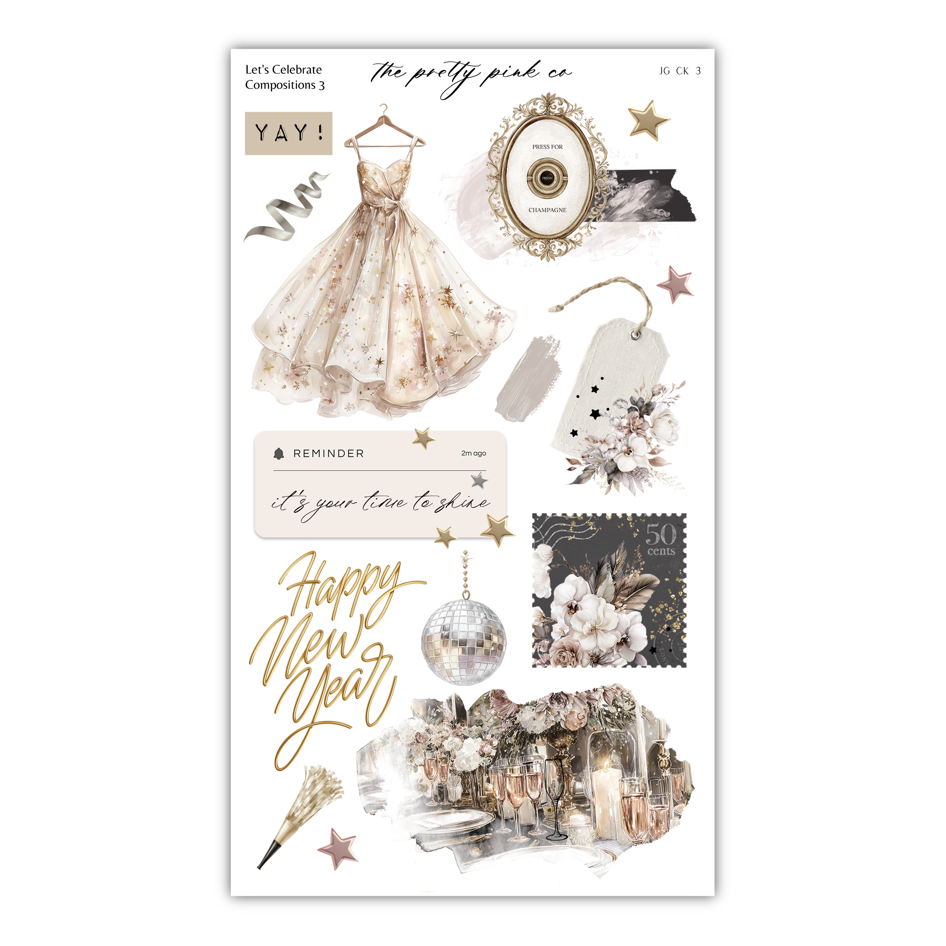 The image is a collage of various decorative and festive elements, including a dress, a mirror, flowers, a disco ball, and a "Happy New Year" sign. The collage appears to be a collection of images that together create a festive and celebratory atmosphere.