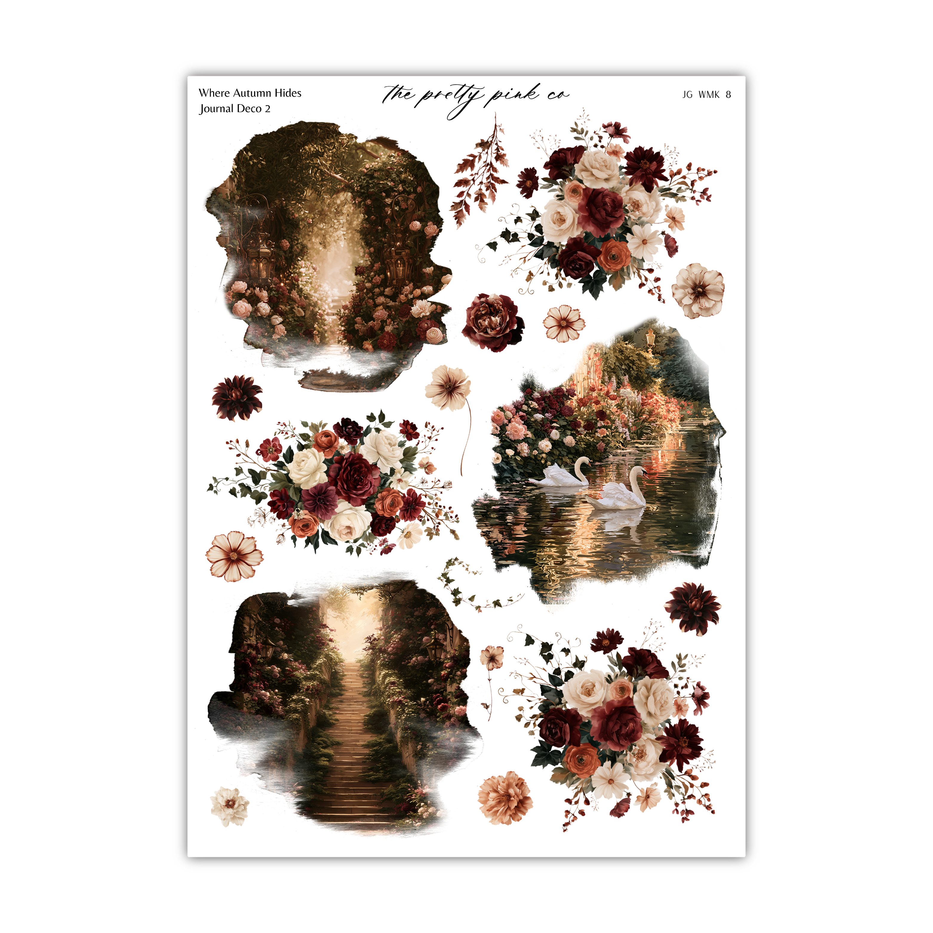 a collage of various floral and natural elements, including flowers, leaves, and a path, arranged in a visually appealing manner.
