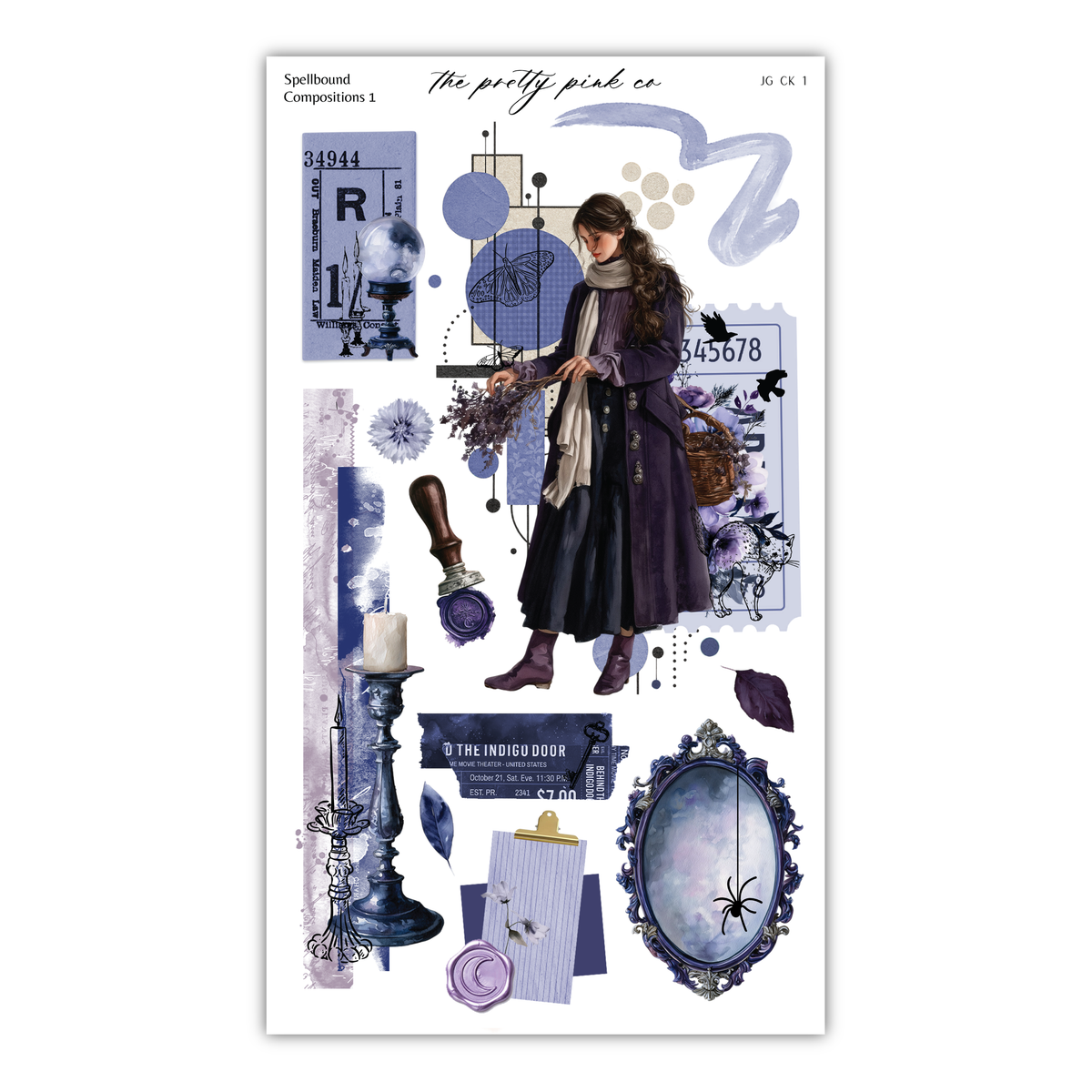 The image is a collage featuring a woman in a purple coat, surrounded by various objects and elements such as a candle, a mirror, and a spider.