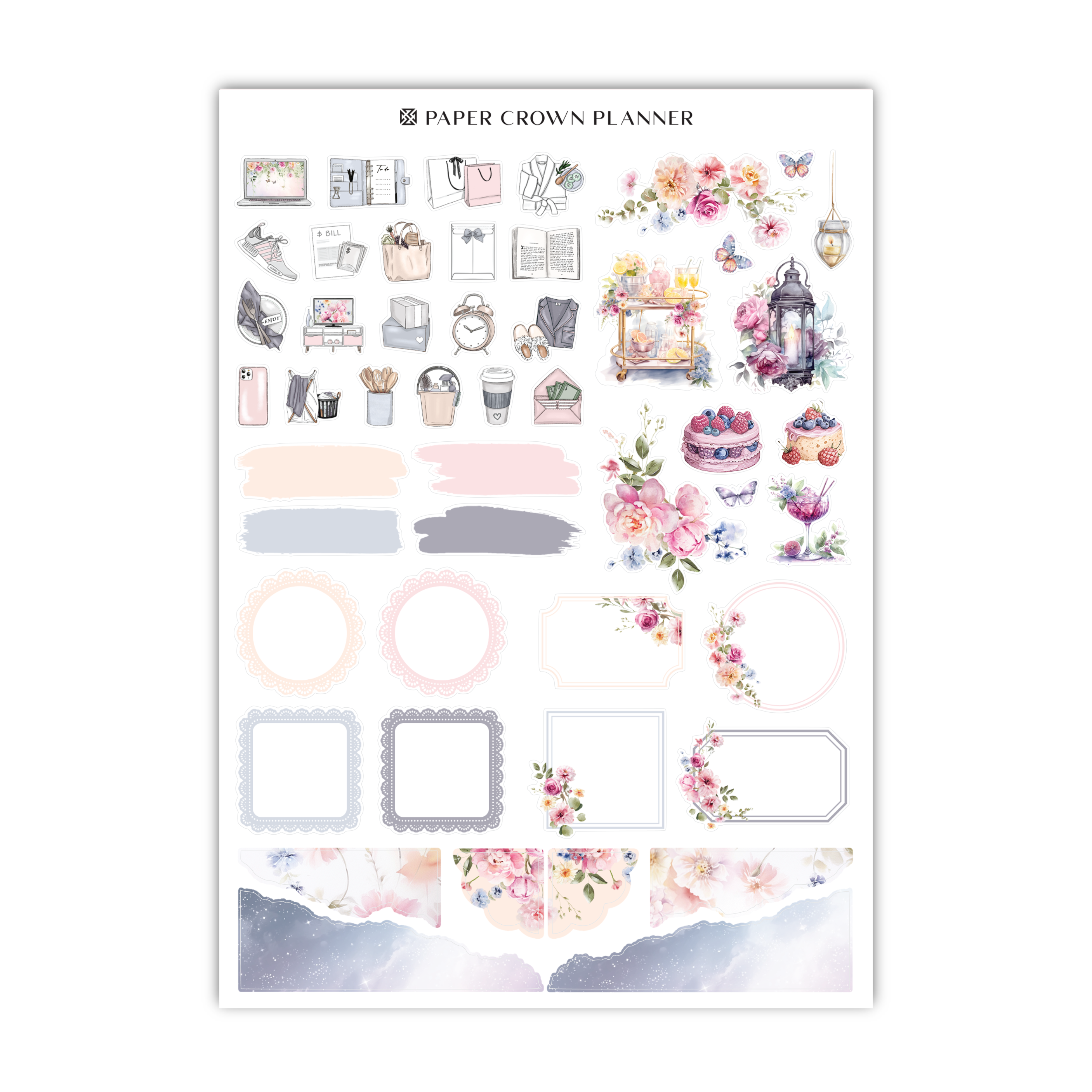 a sheet of paper with flowers and other items