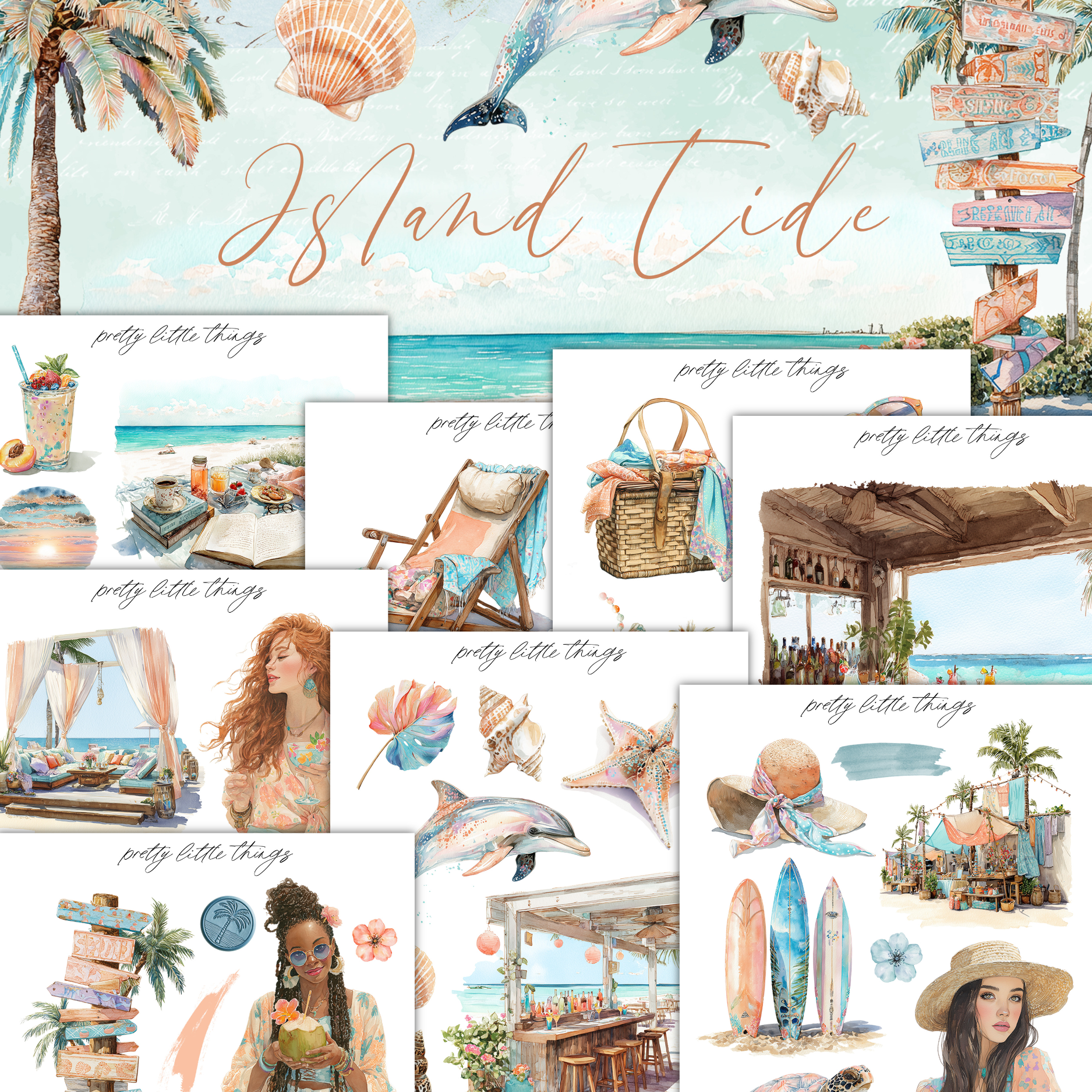 The image is a collage of various tropical beach-themed images, including palm trees, beach chairs, surfboards, and other beach-related objects.