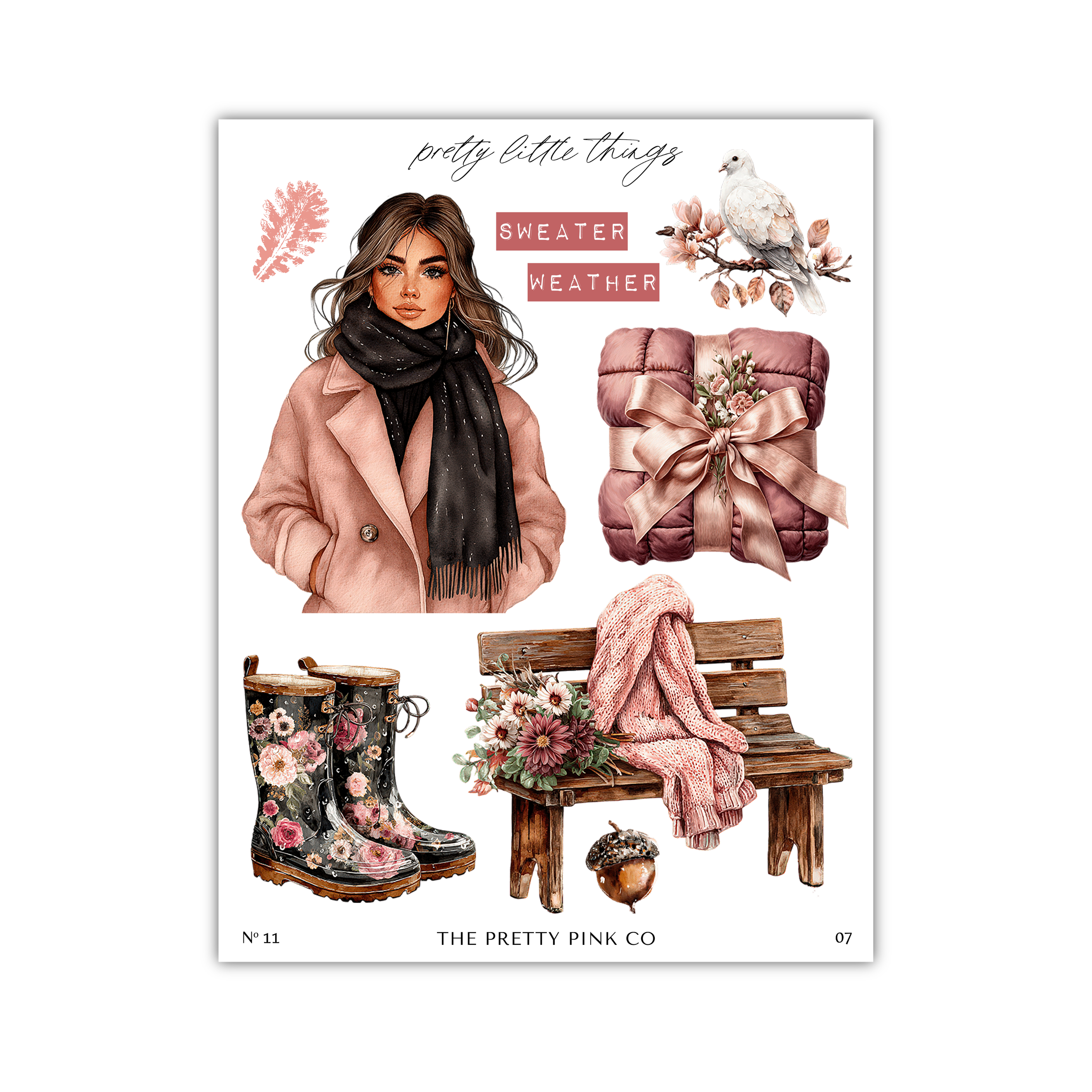 The image is a collage of various elements related to the theme of "Sweater Weather", including a woman in a pink coat, a bird, a blanket, a pair of rain boots, and a bench with flowers.
