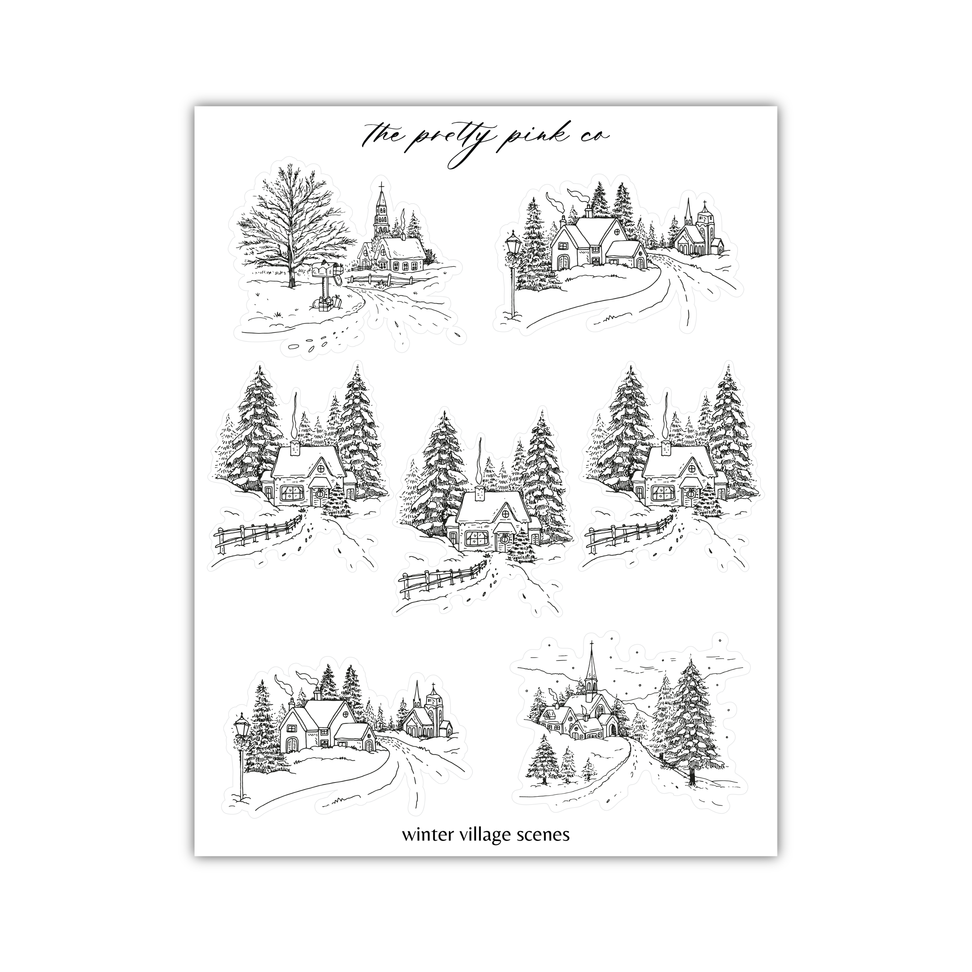 a christmas card with a winter village scene