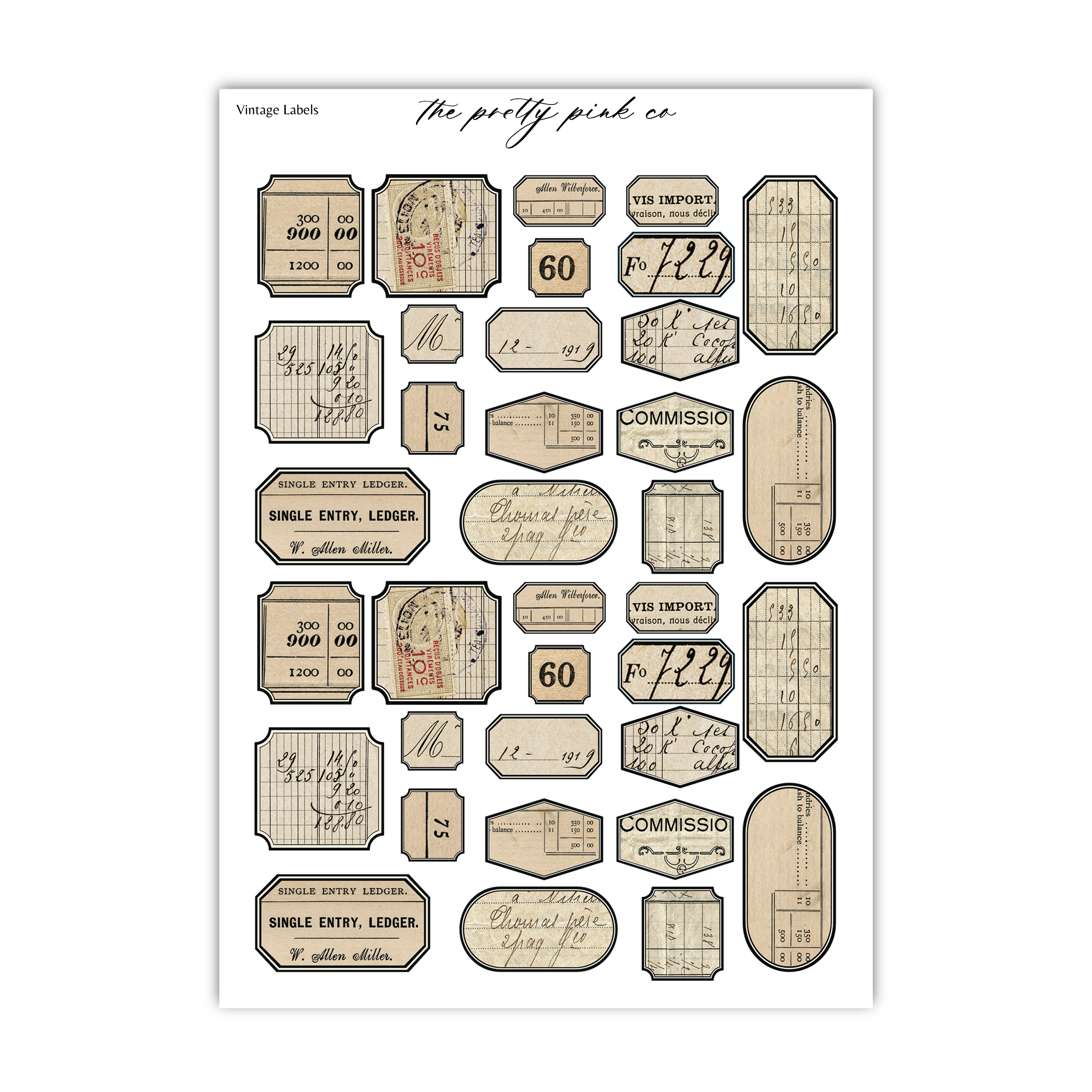 a collection of vintage labels and tags, including single entry ledgers, postage stamps, and other items with handwritten text.