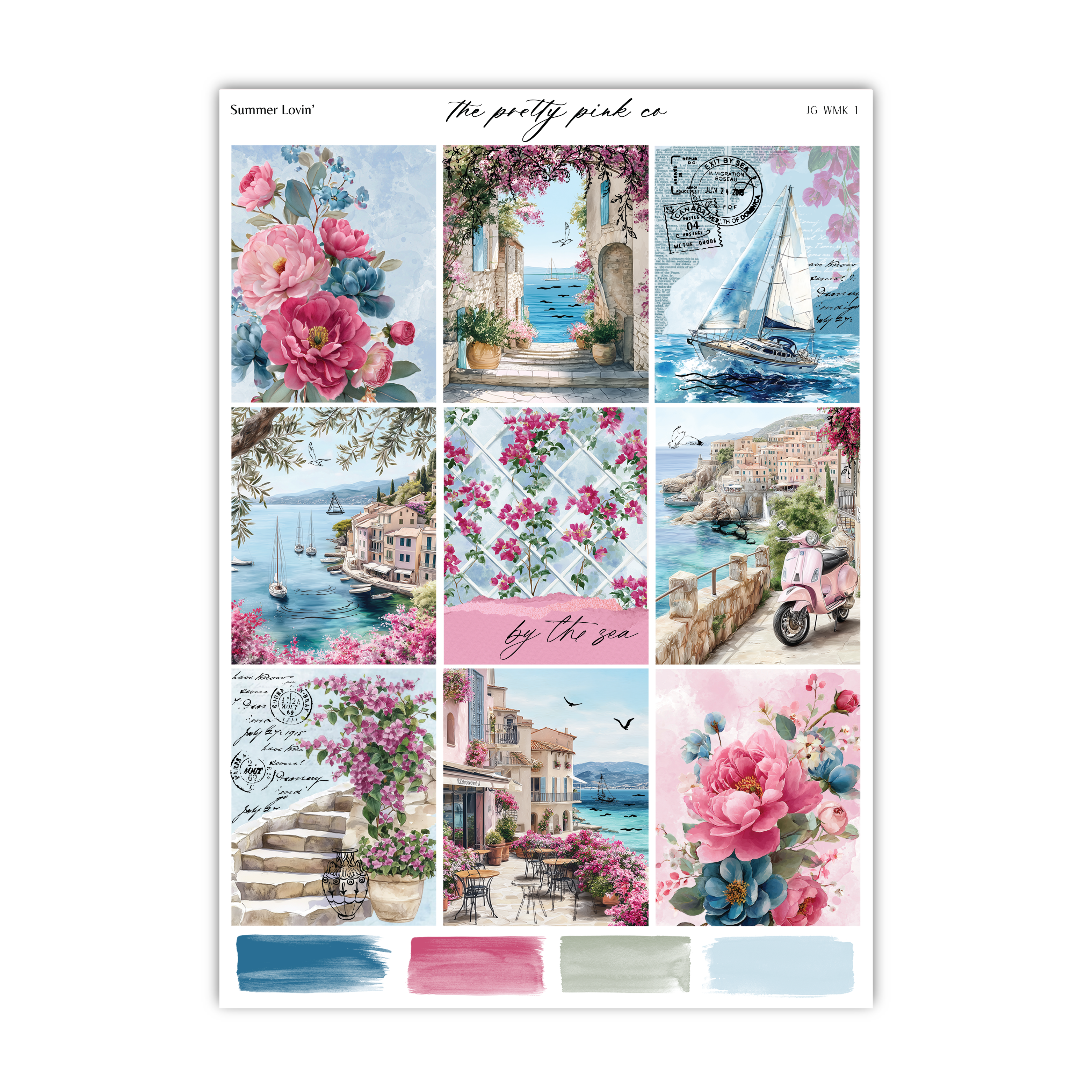 The image is a collage of nine pictures, each depicting different scenes related to the theme of summer. The collage includes images of flowers, boats, buildings, and other summer-themed elements. The collage is titled "Summer Lovin'" and features a variety of colors and styles, including pink, blue, and green.