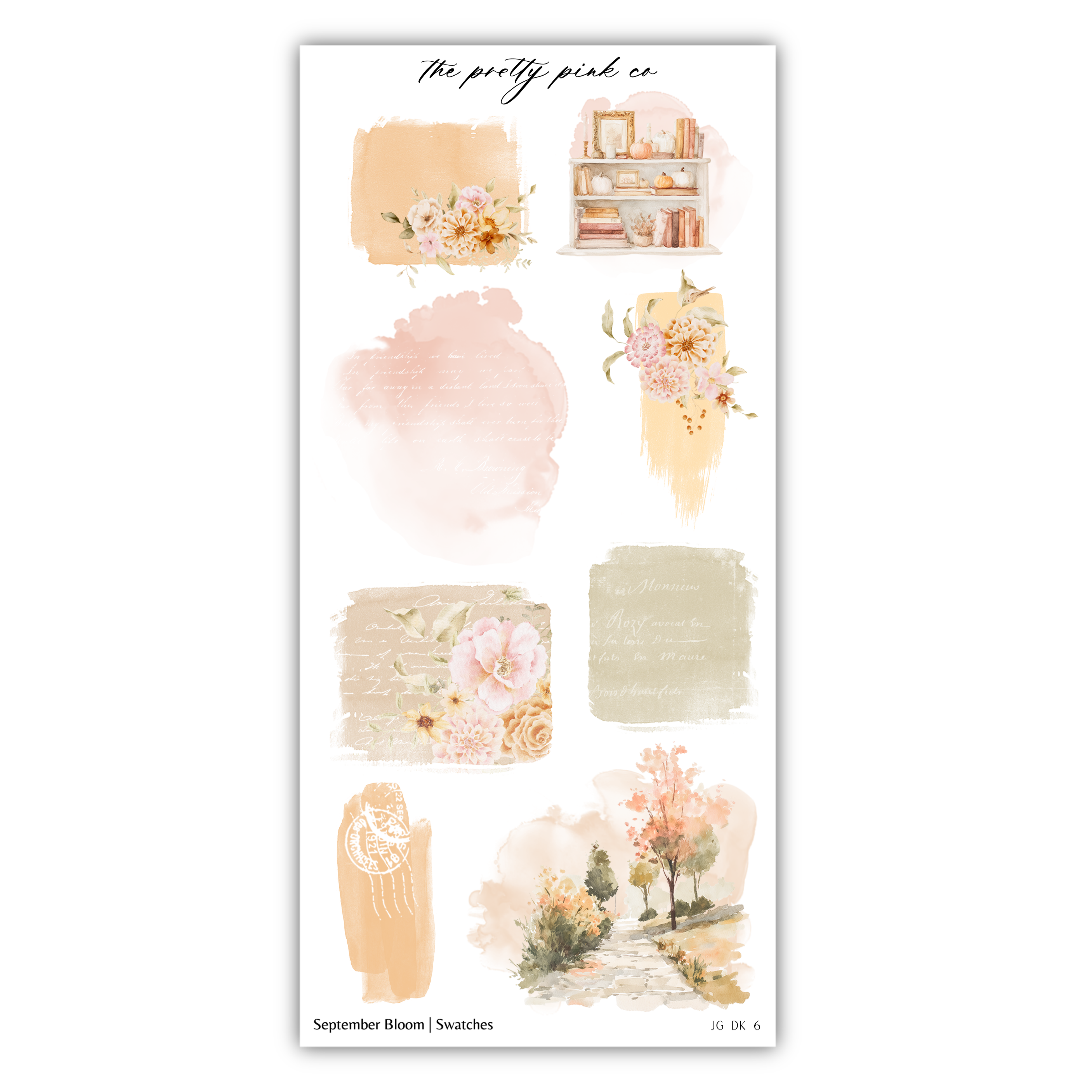 The image is a collage of various floral and nature-inspired elements, including watercolor splashes, a bookshelf, and a landscape scene.