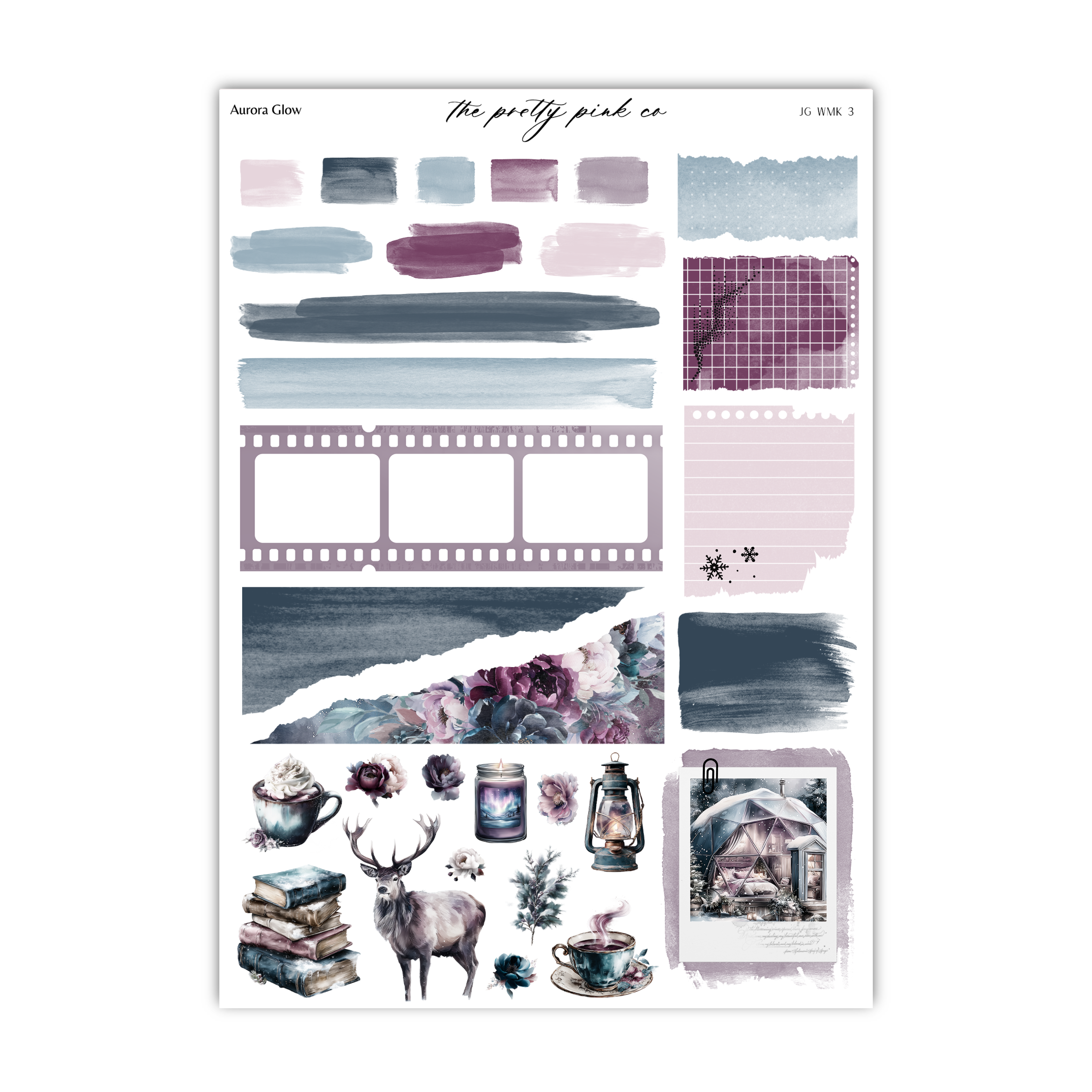 various artistic elements, including a deer, books, a lantern, and a teapot, all set against a backdrop of different shades of purple and blue. The image appears to be a collage or a collection of individual images, rather than a single, continuous scene.