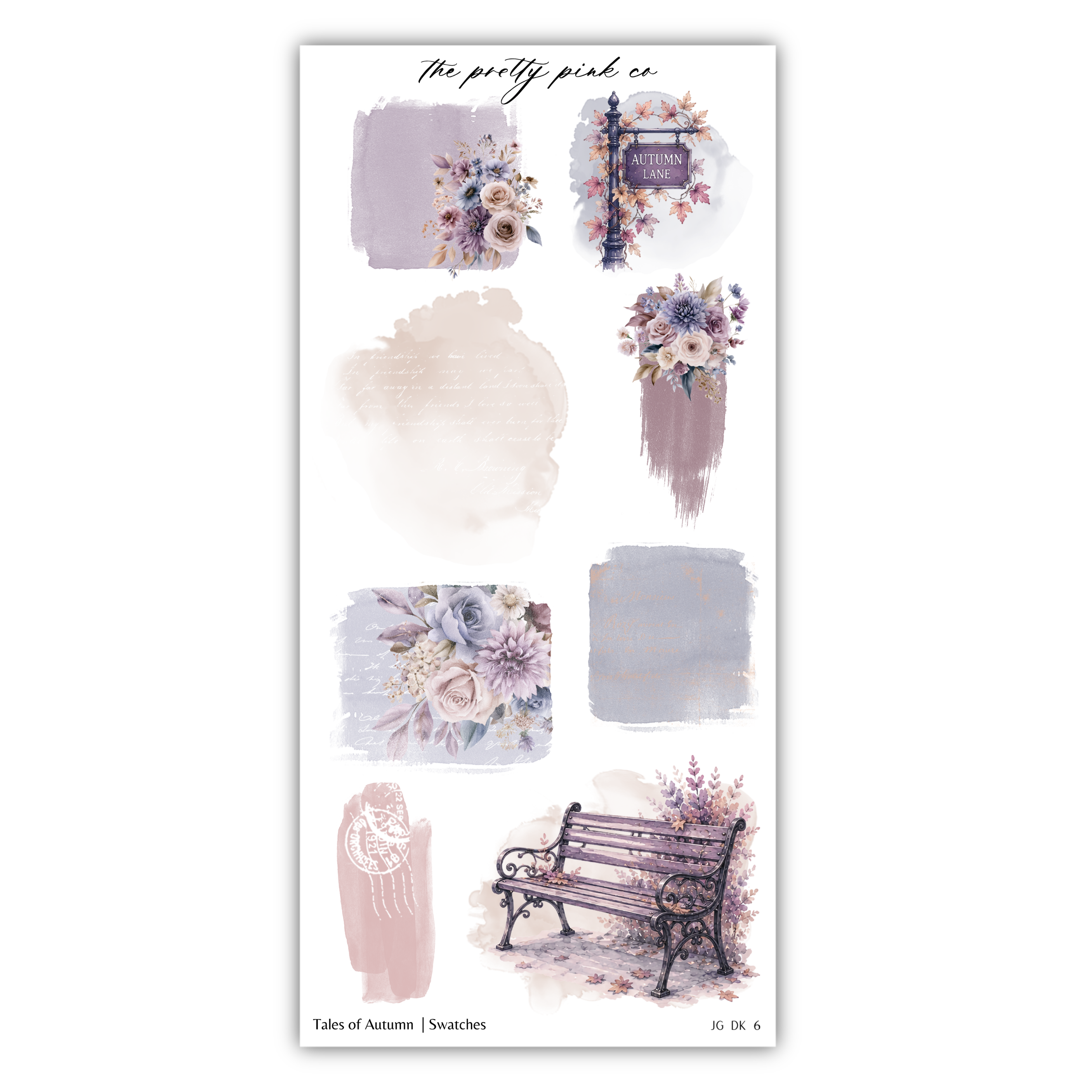 various artistic elements, including a bench, flowers, and abstract shapes, arranged in a visually appealing manner.