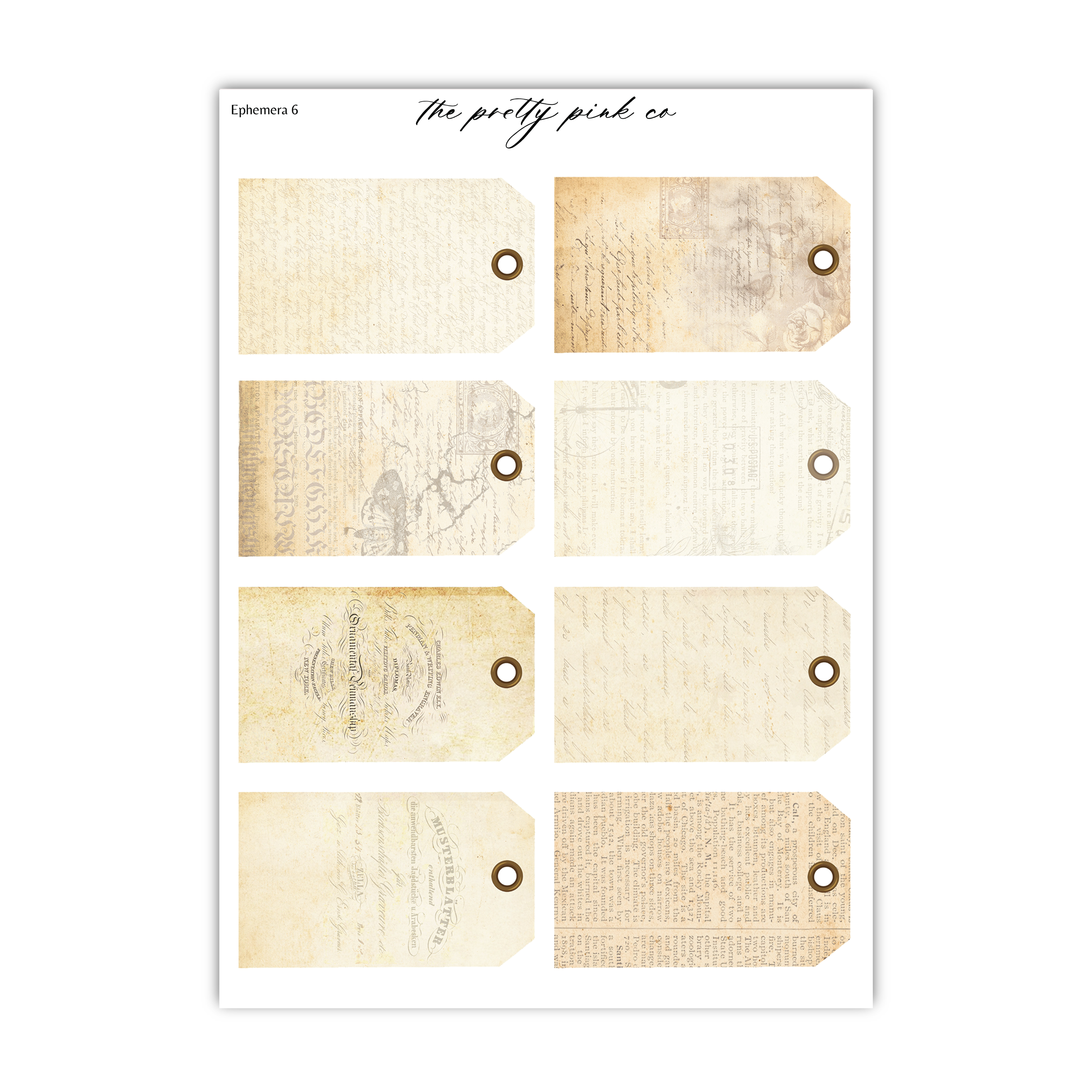 a collection of nine vintage-style tags or labels, each with a different design and text. The tags appear to be from a scrapbook or a similar project, as they have a nostalgic and aged appearance.