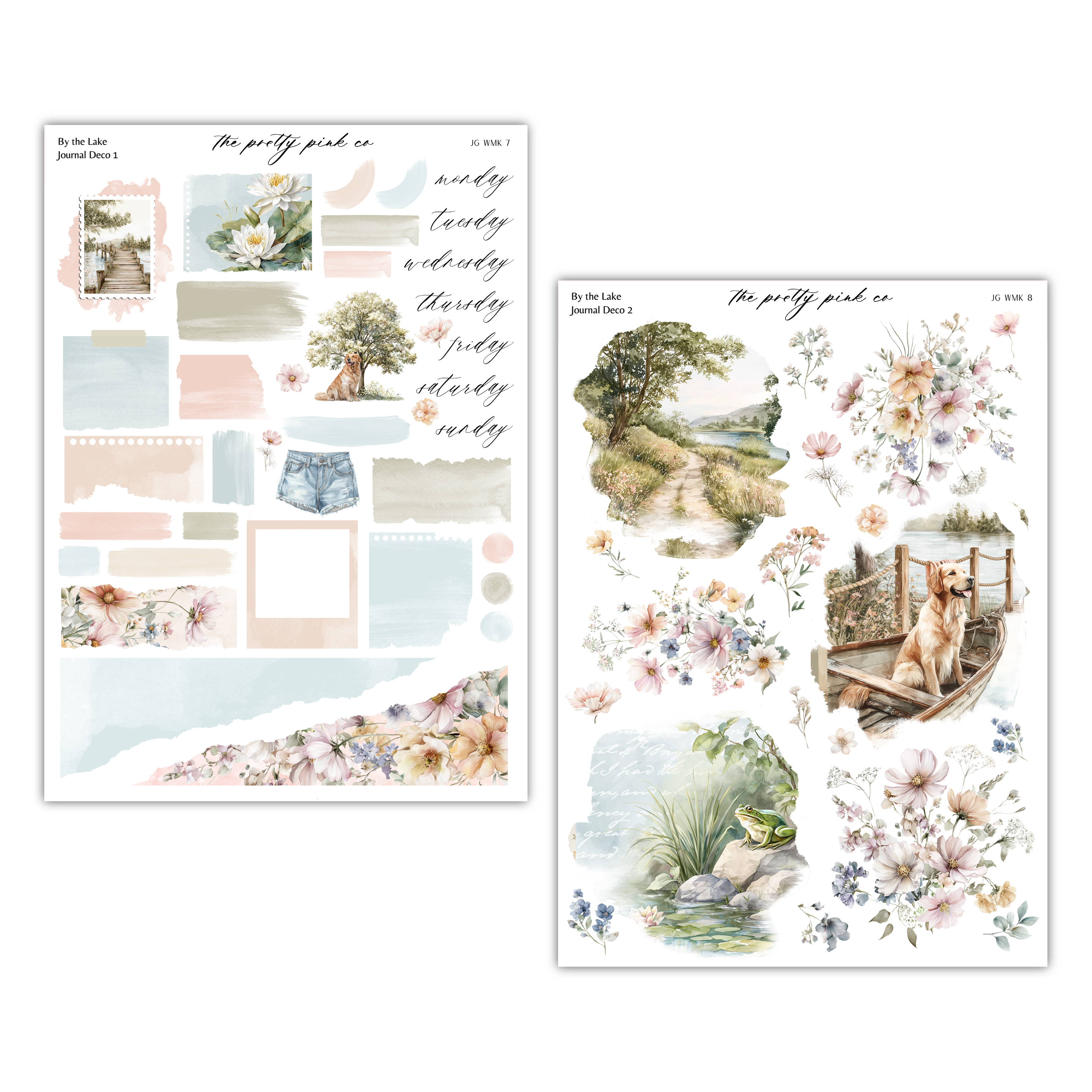 a collage of various floral and nature-themed images, including a dog, flowers, trees, and a pond. The collage is divided into two sections, with the left side featuring a more detailed image of the dog and the right side showing a more abstract representation of the natural elements.