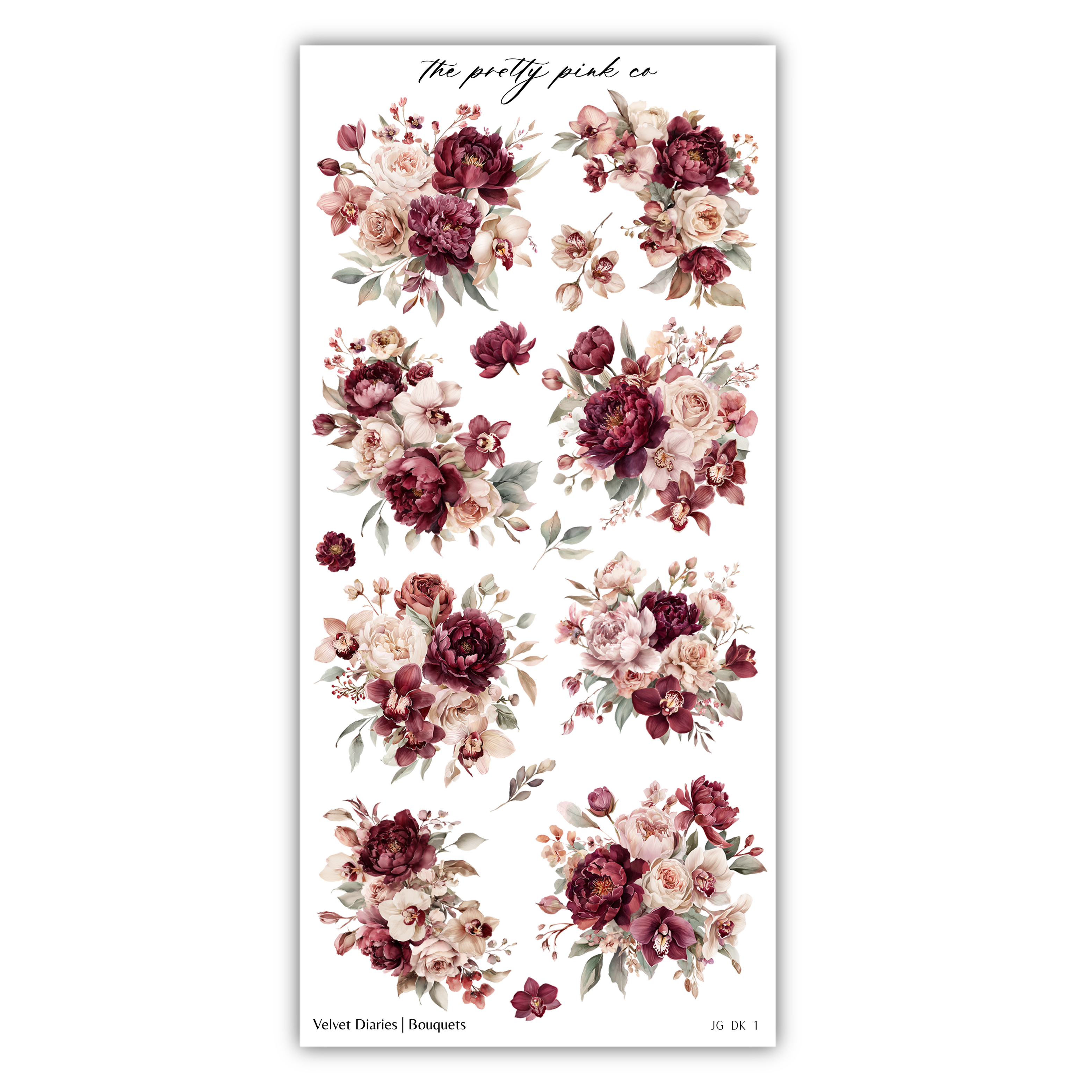 a collection of floral arrangements in various shades of burgundy and pink, including roses, peonies, and other flowers. The arrangement appears to be a collage or a series of individual images showcasing different floral designs.