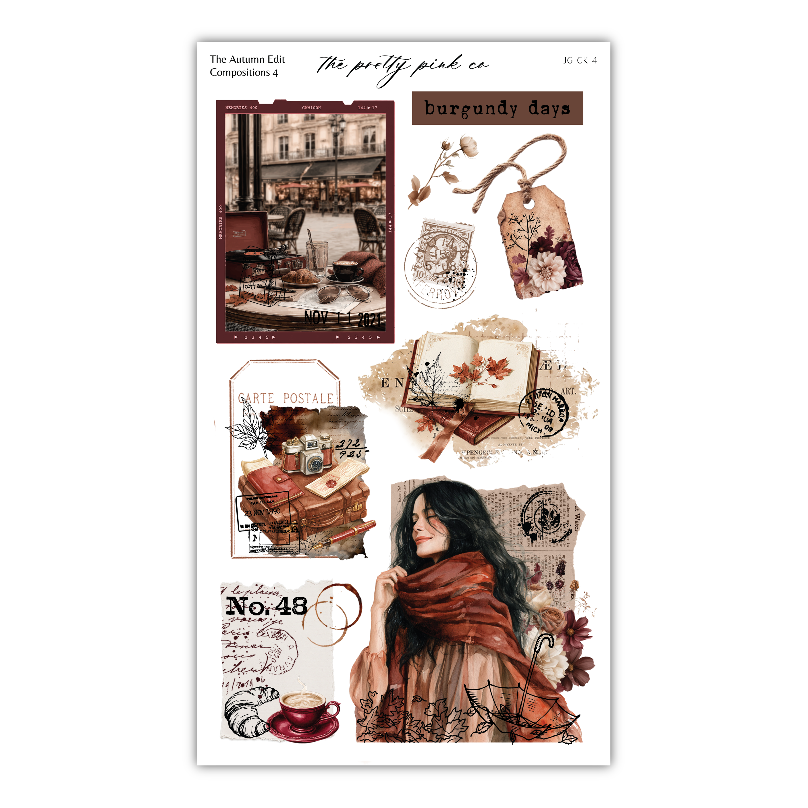 The image is a collage of various elements, including a woman with long dark hair, a vintage-style photograph, a vintage-style postcard, and a vintage-style label. The collage also includes a label with a floral design and a tag with a floral design.