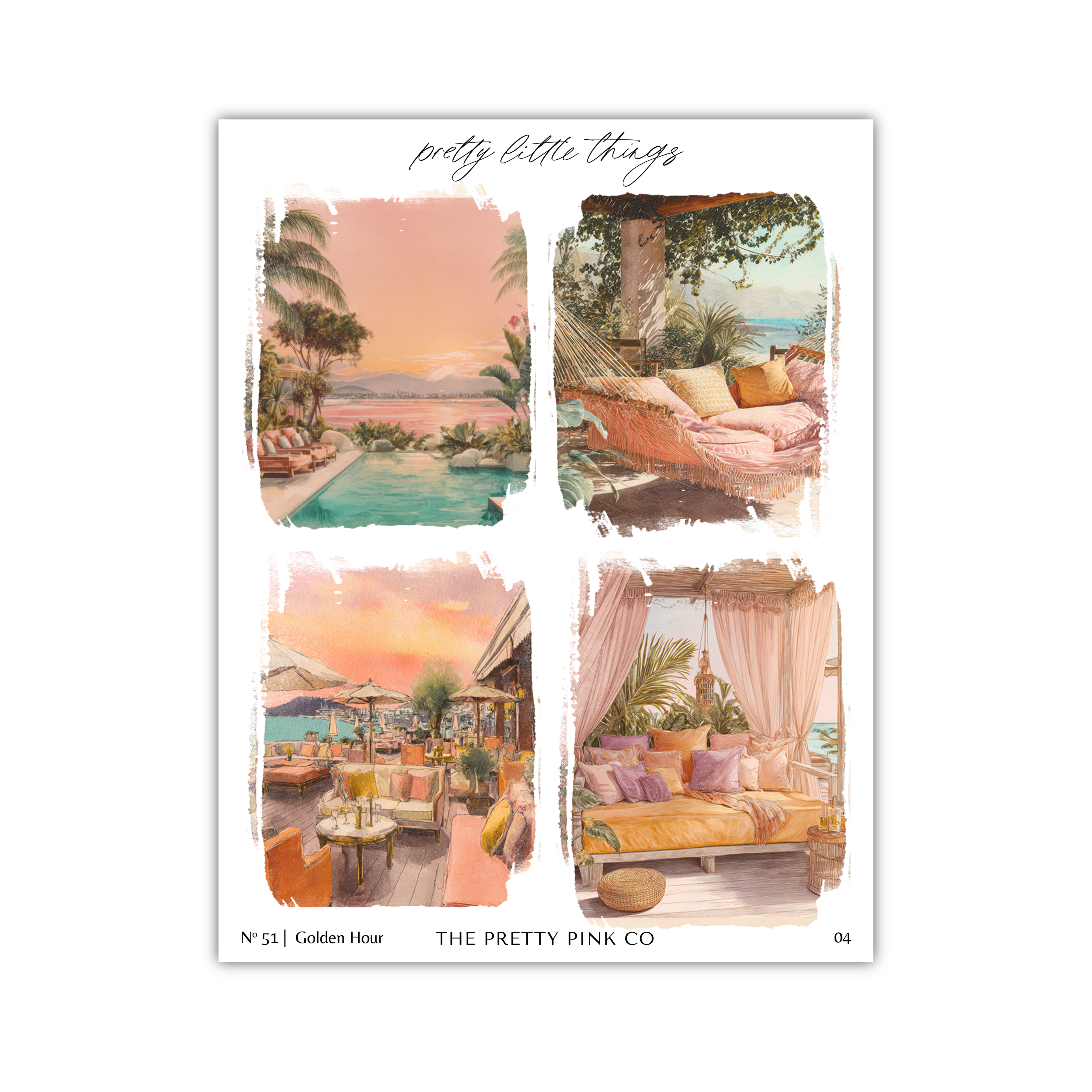 The image is a collage of four different scenes, each depicting a different aspect of a tropical or beach-themed setting. The collage includes images of a pool, a hammock, an outdoor dining area, and a patio with colorful furniture.