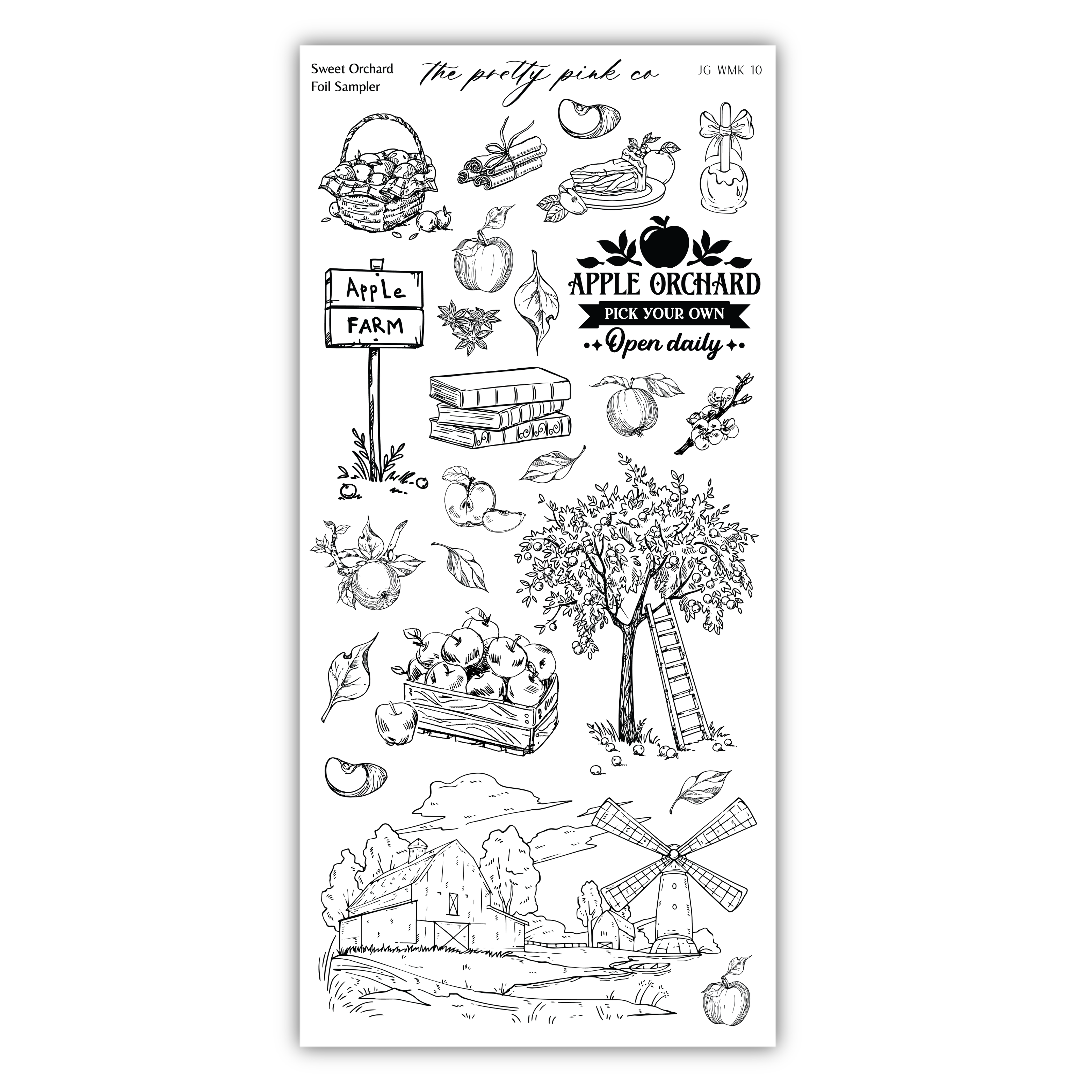 various illustrations related to apple orchards, including apples, baskets, a sign, a tree, a windmill, and other farm-related objects.