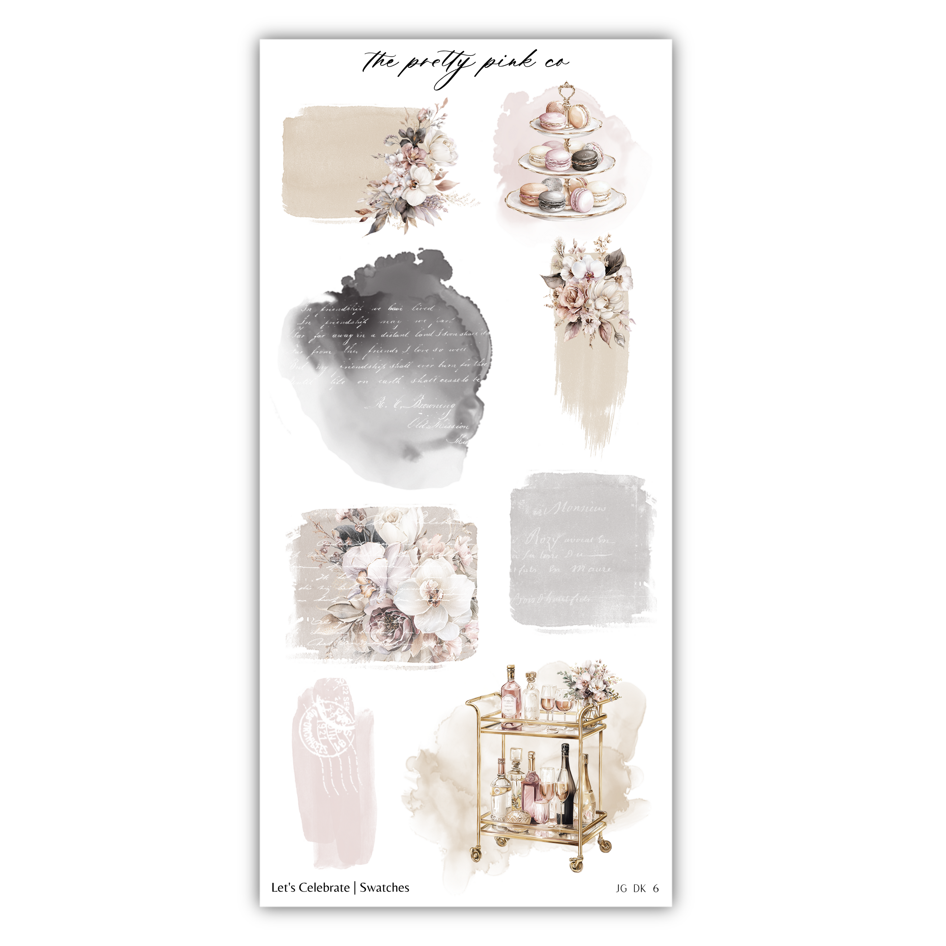 various decorative elements, including floral arrangements, a cake, and a cocktail cart, all presented in a visually appealing manner.