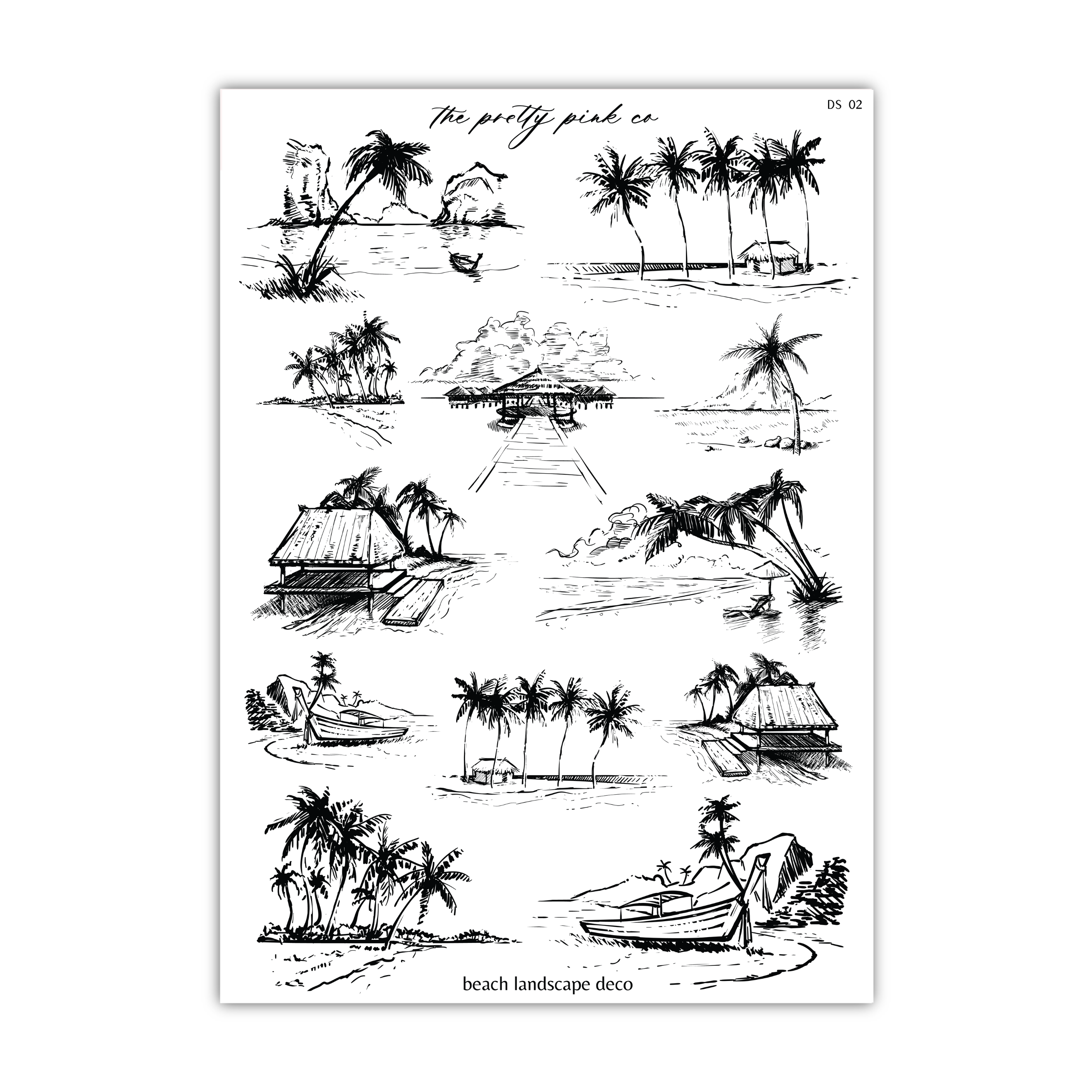 a black and white drawing of a beach scene