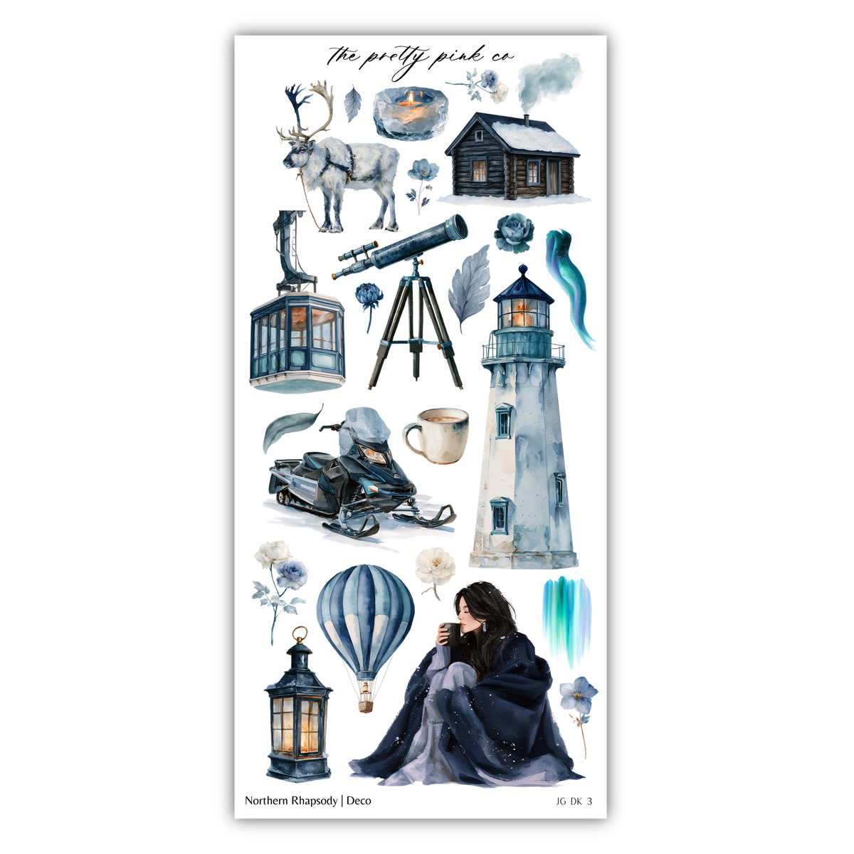 The image is a collage of various objects and scenes, including a lighthouse, a hot air balloon, a person sitting on the ground, and other elements such as a bird, a snow globe, and a telescope.