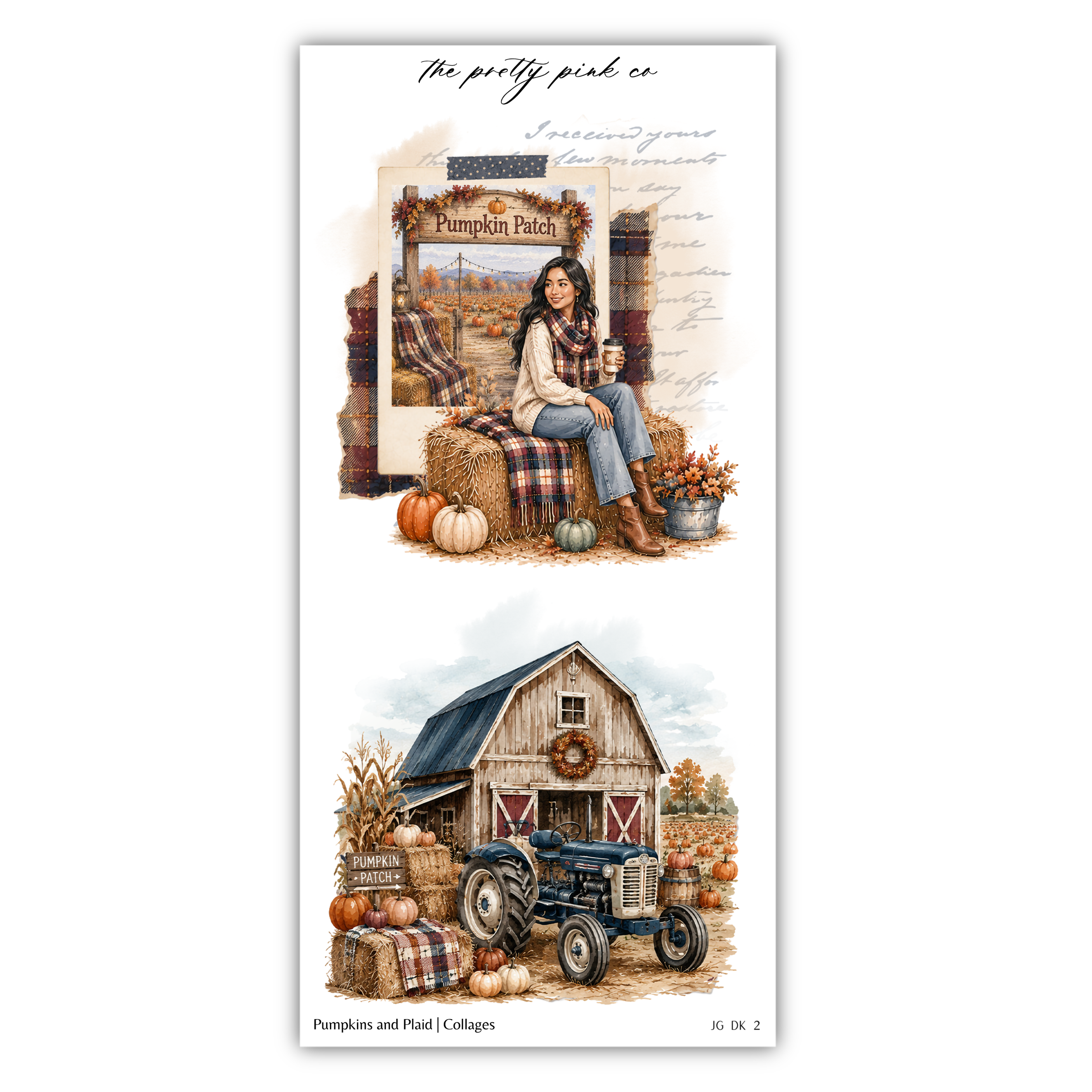 The image is a collage of two illustrations. The top illustration depicts a woman sitting on a hay bale, surrounded by pumpkins and a pumpkin patch sign. The bottom illustration shows a woman standing next to a wooden barn with a tractor and pumpkins.