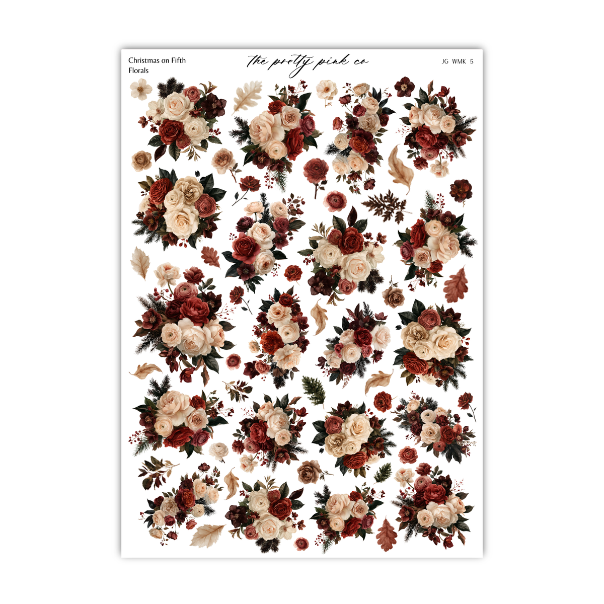 a collection of floral arrangements, including various types of flowers and leaves, arranged in a grid-like pattern.