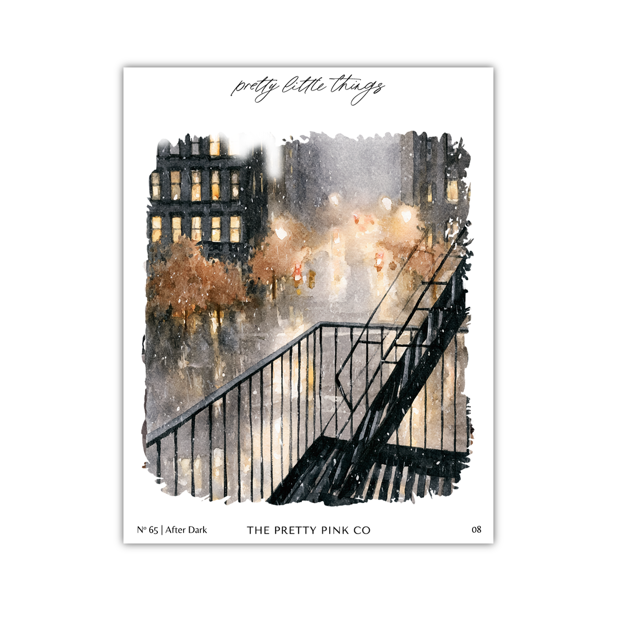 a city street scene with a black metal staircase leading up to a building, and the sky is filled with raindrops, creating a moody atmosphere.