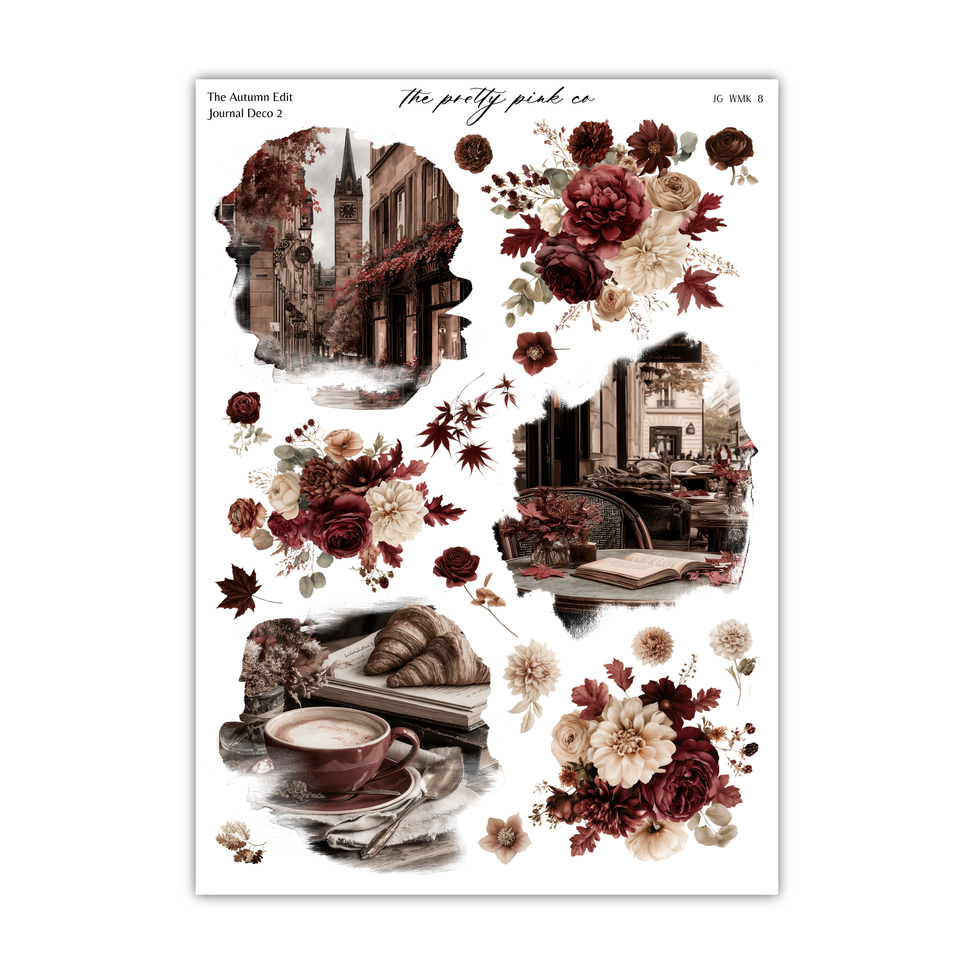The image is a collage of various images, including a cityscape, floral arrangements, and a cup of coffee. The collage is titled "The Autumn Edit" and includes the text "The pretty pink co" and "JWK 8".