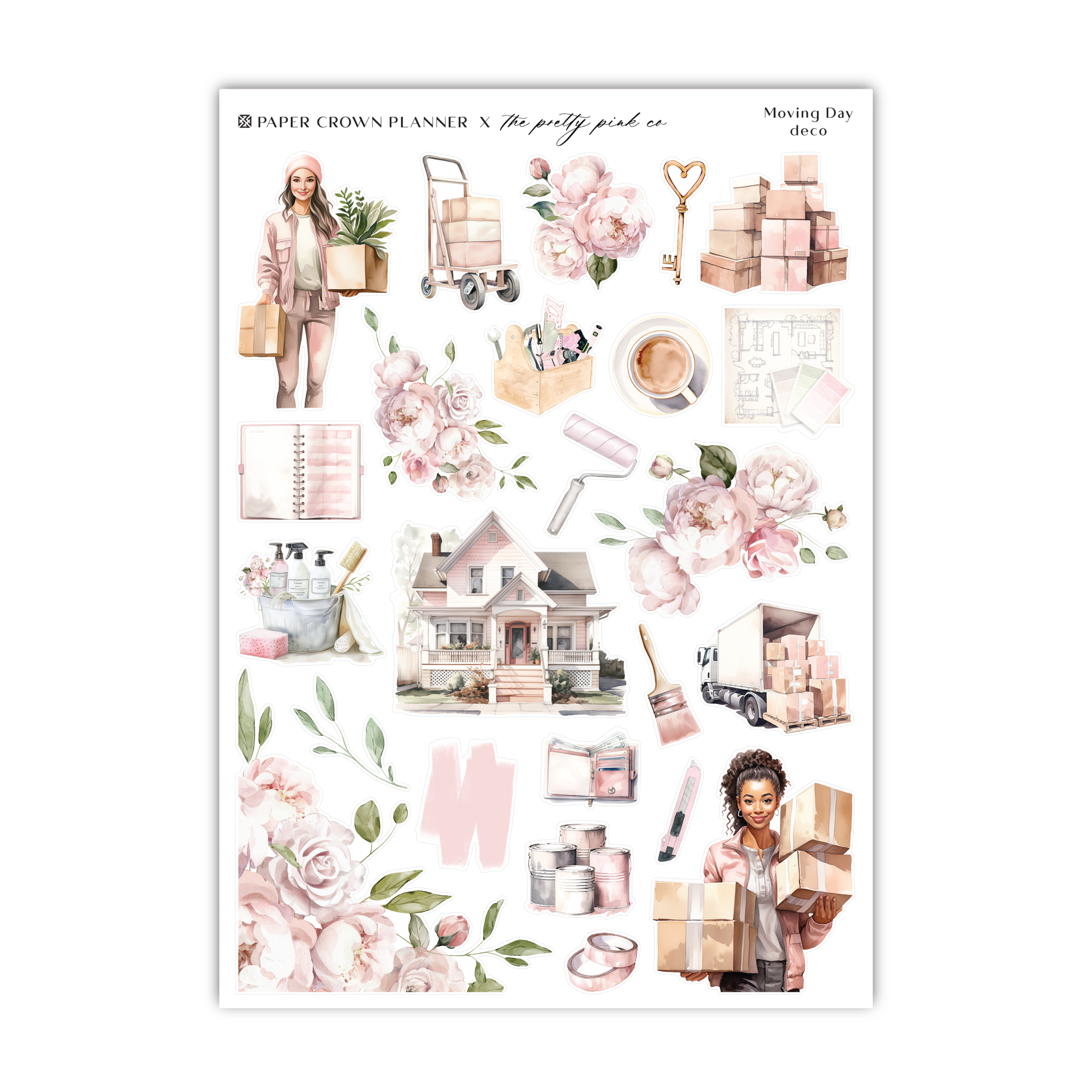 a sticker sheet with a house and flowers on it