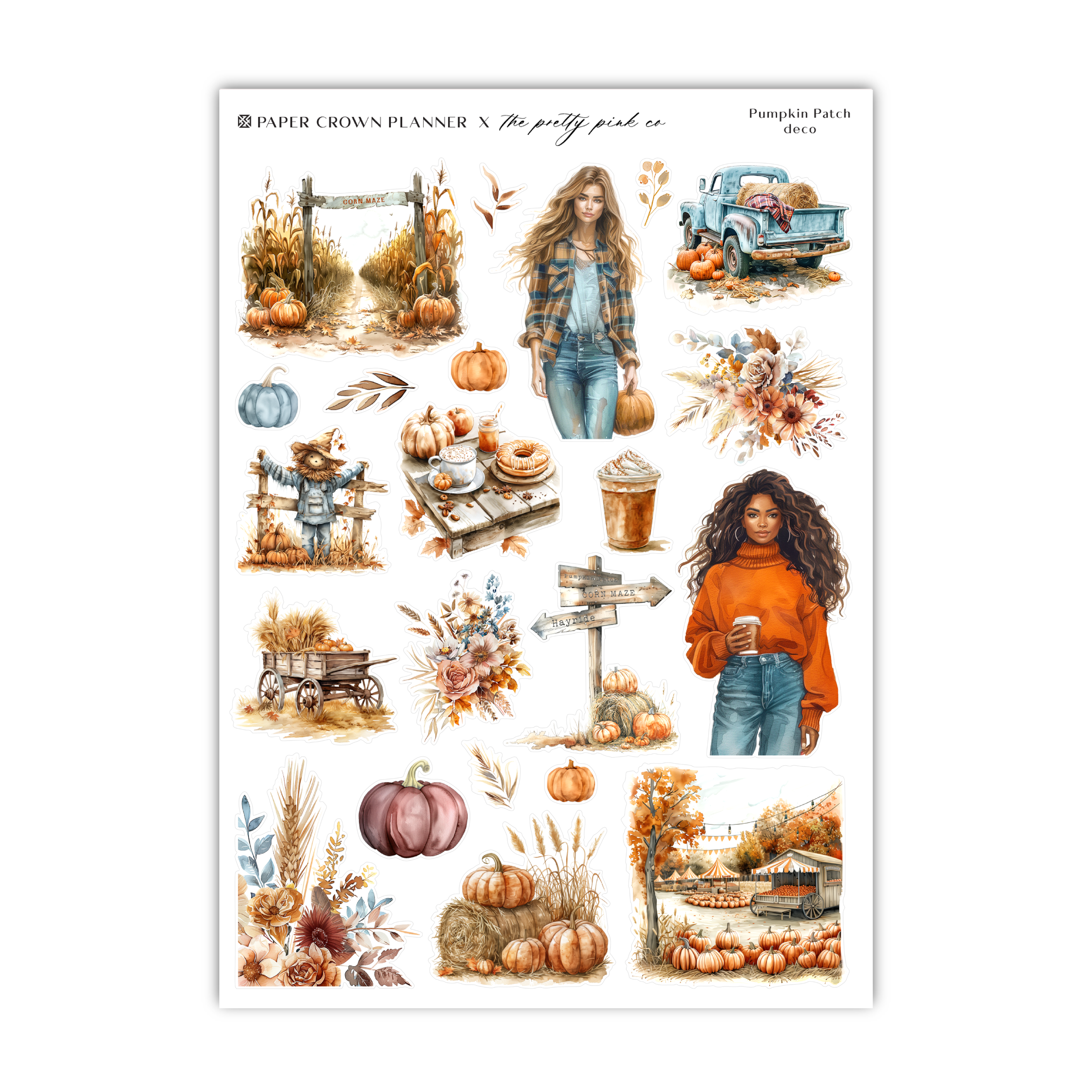 a sticker sheet with a girl and pumpkins