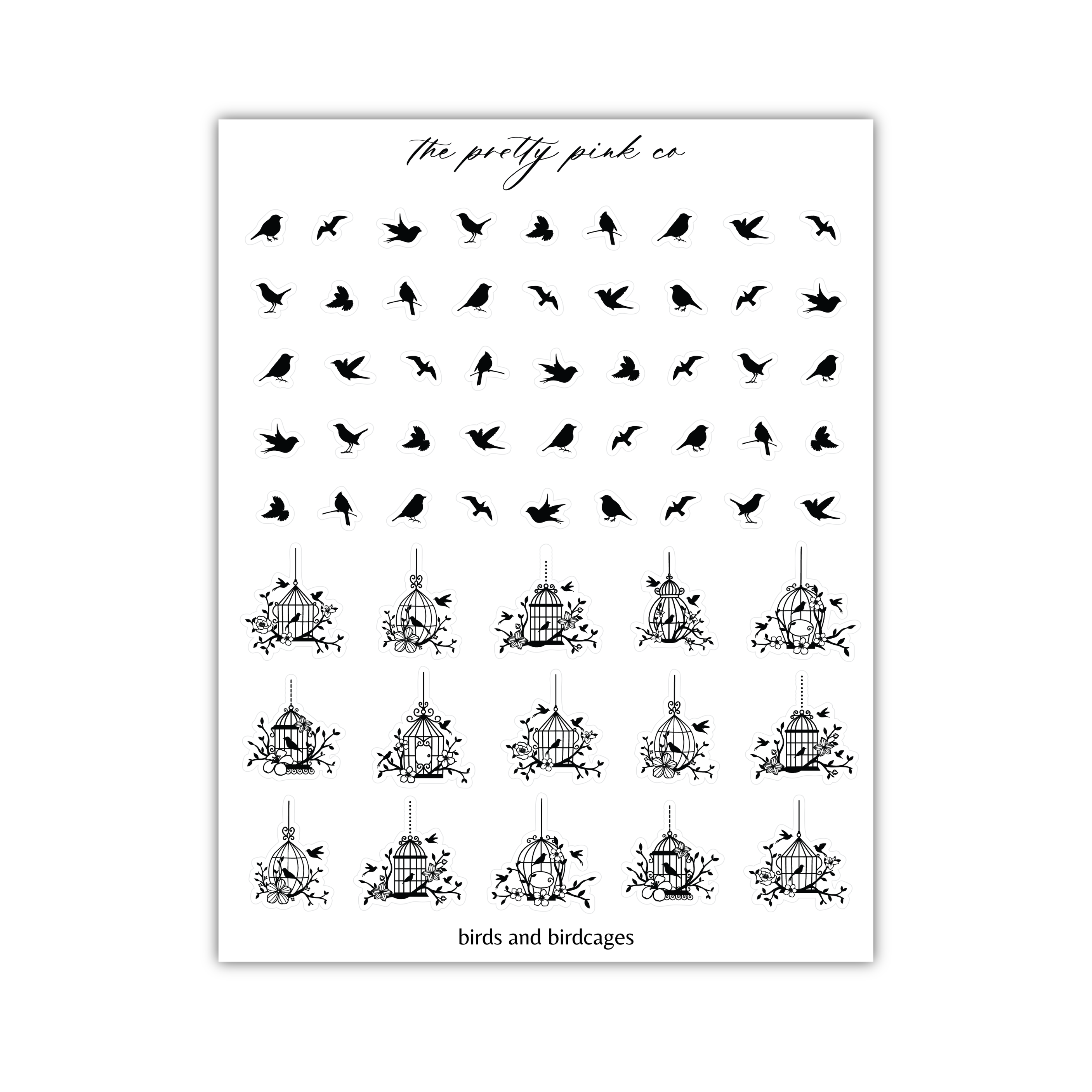 a black and white picture of birds and cages
