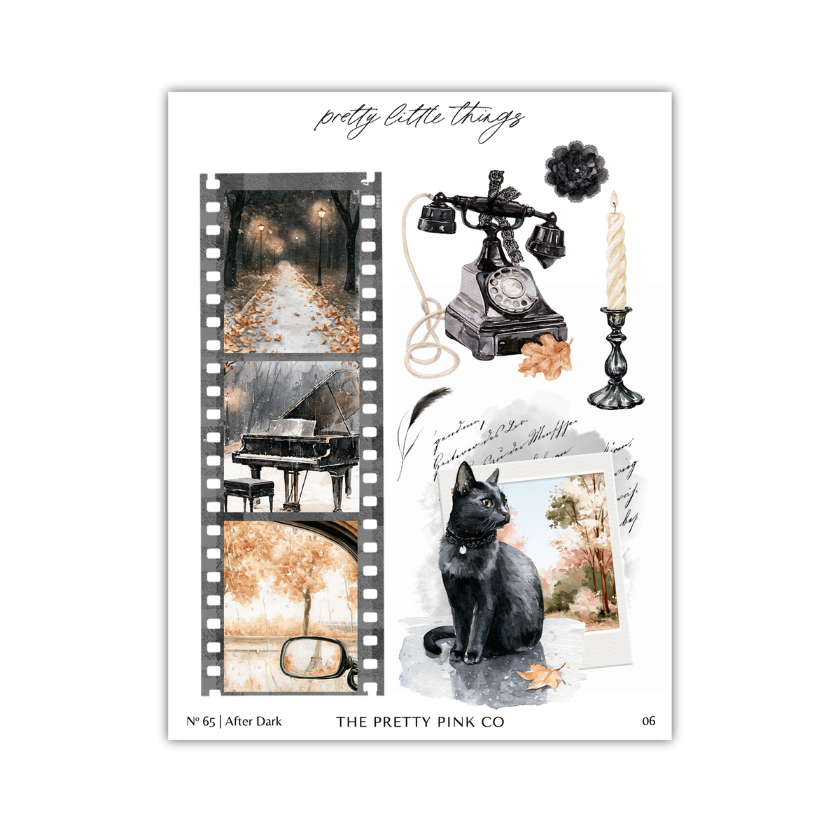 The image is a collage of various artistic elements, including a telephone, a candle, a piano, a cat, and a film strip. The collage is titled "pretty little things" and is part of a series by "THE PITTY PINK CO".