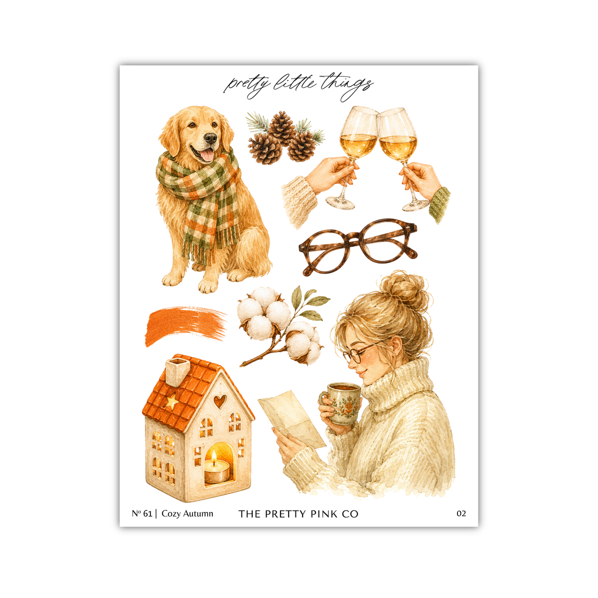 The image is a collage of various objects and scenes related to the theme of "cozy autumn". It includes a golden retriever wearing a scarf, pine cones, wine glasses, a woman reading a book, a house, and a candle.