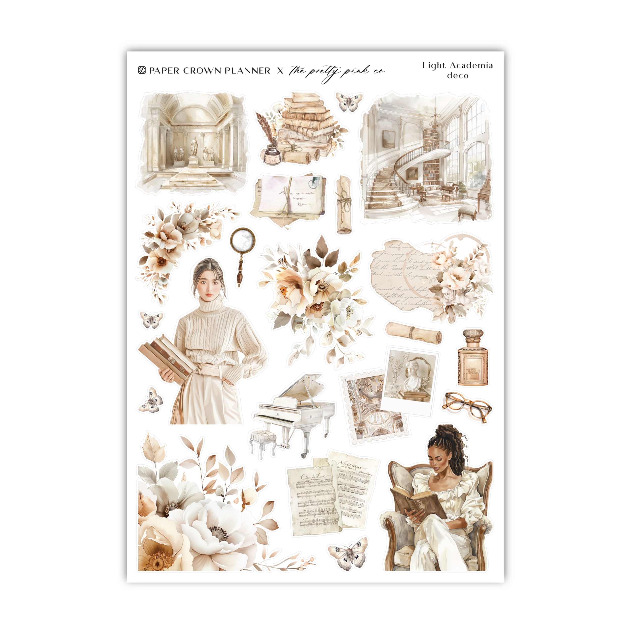 a sheet of stickers with a woman and flowers