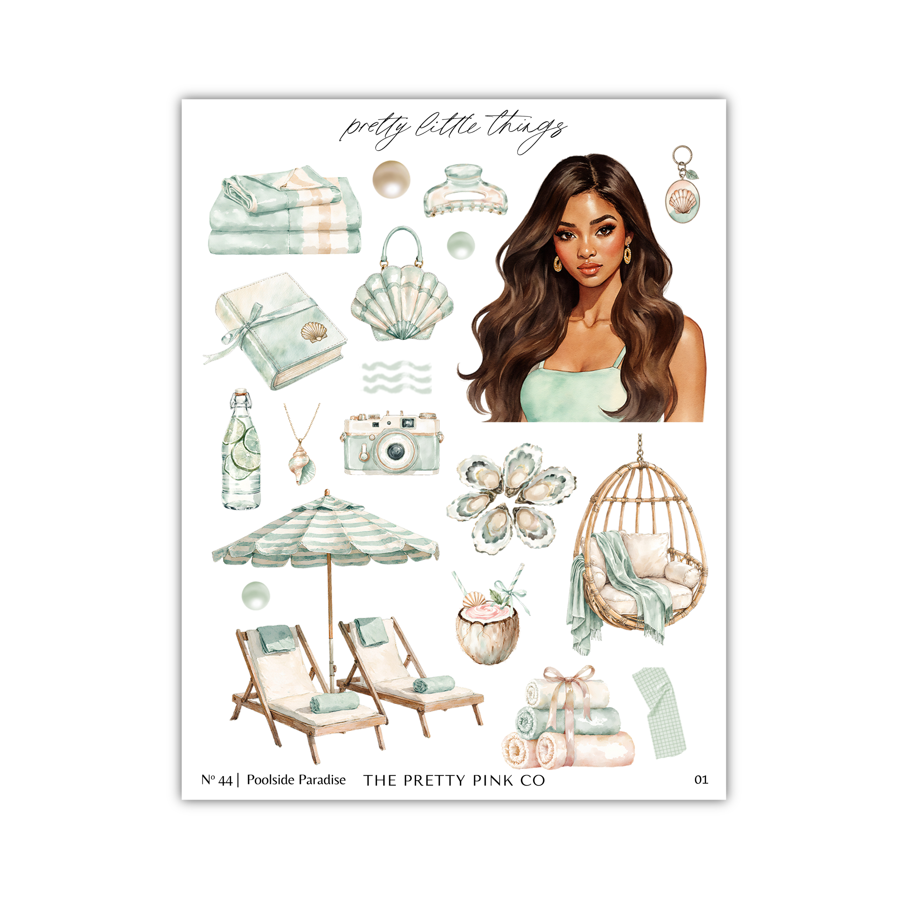 The image is a collage of various objects and a woman, including towels, a camera, a hammock, and a woman's portrait.