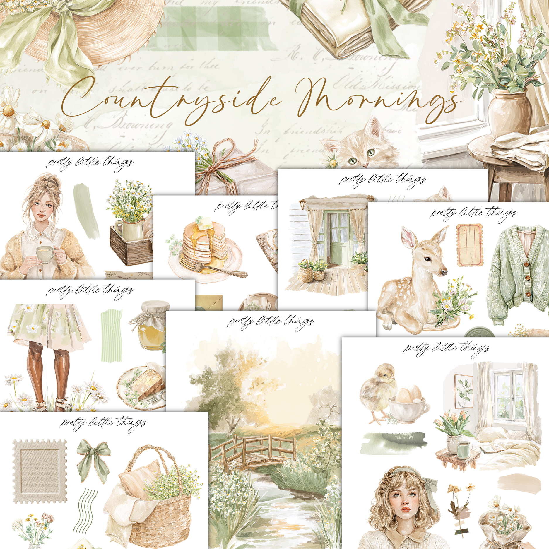 The image is a collage of various illustrations and scenes depicting countryside morning elements, such as a young girl, flowers, a deer, and a basket.