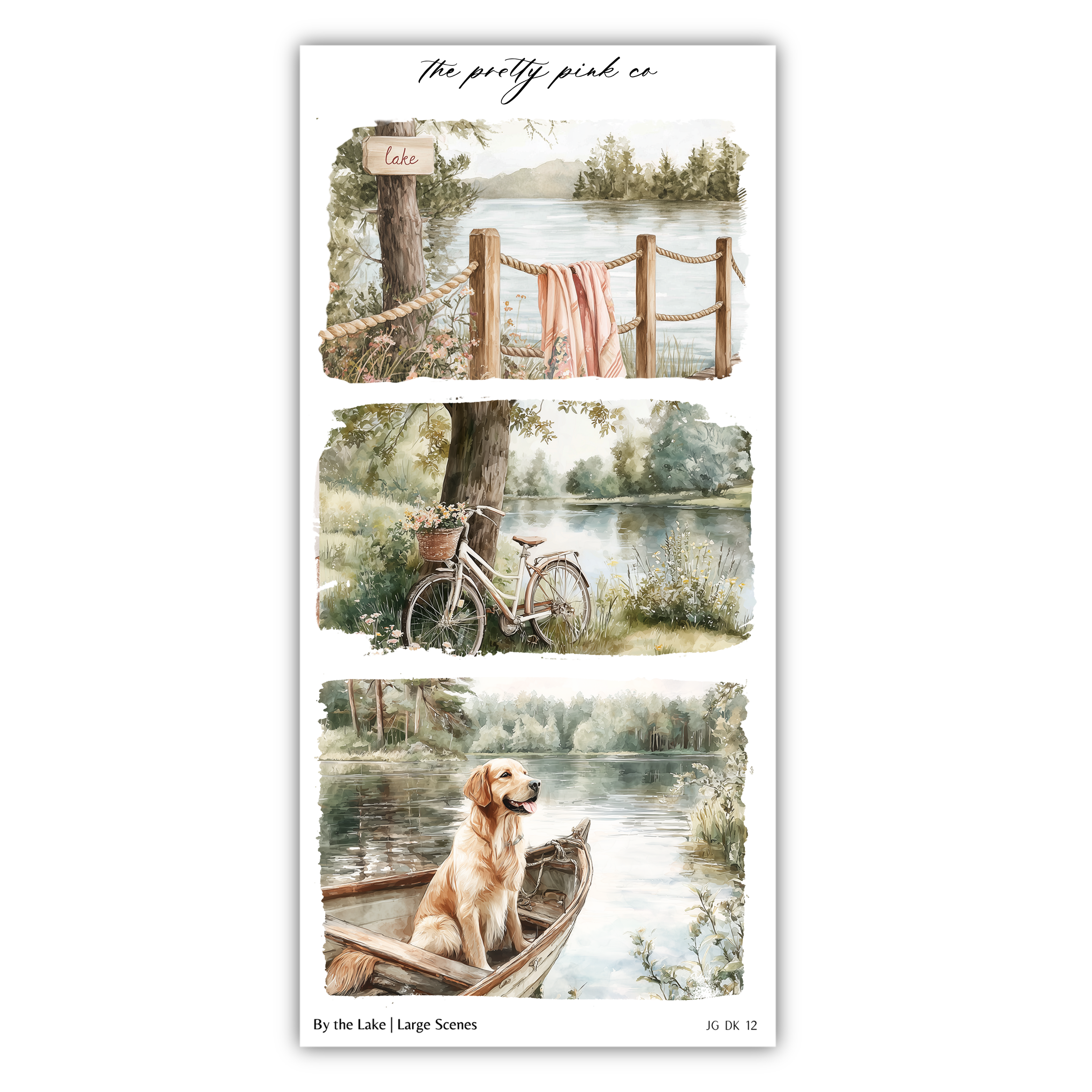 The image is a collage of three pictures depicting a serene lakeside scene, including a bicycle, a dog in a boat, and a sign indicating the location as "Lake".