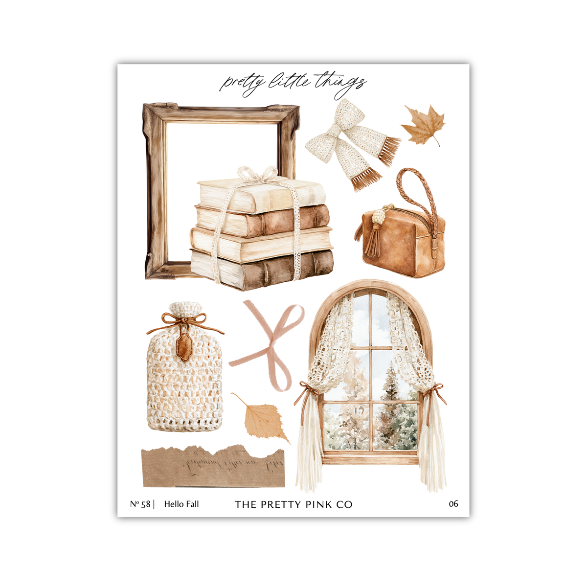 The image is a collage of various objects and text, including a wooden frame, books, a handbag, a window, and a leaf.