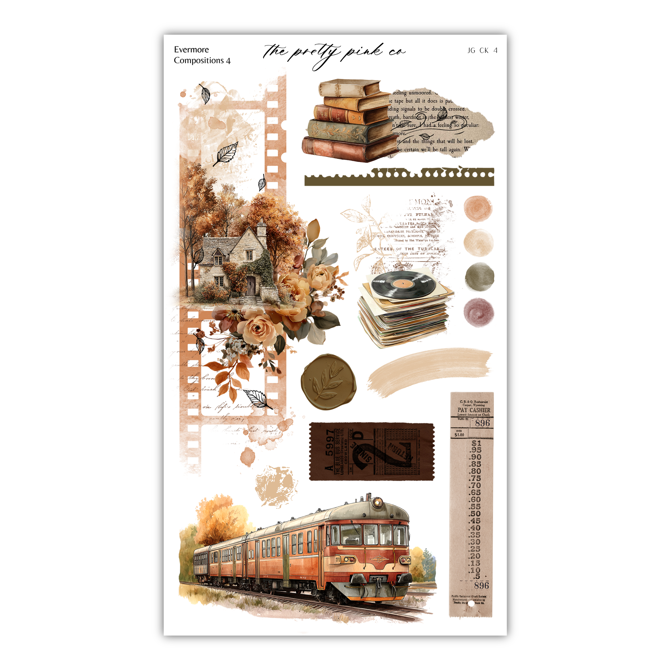The image is a collage of various elements, including a train, books, flowers, and other decorative items, arranged in a visually appealing manner.