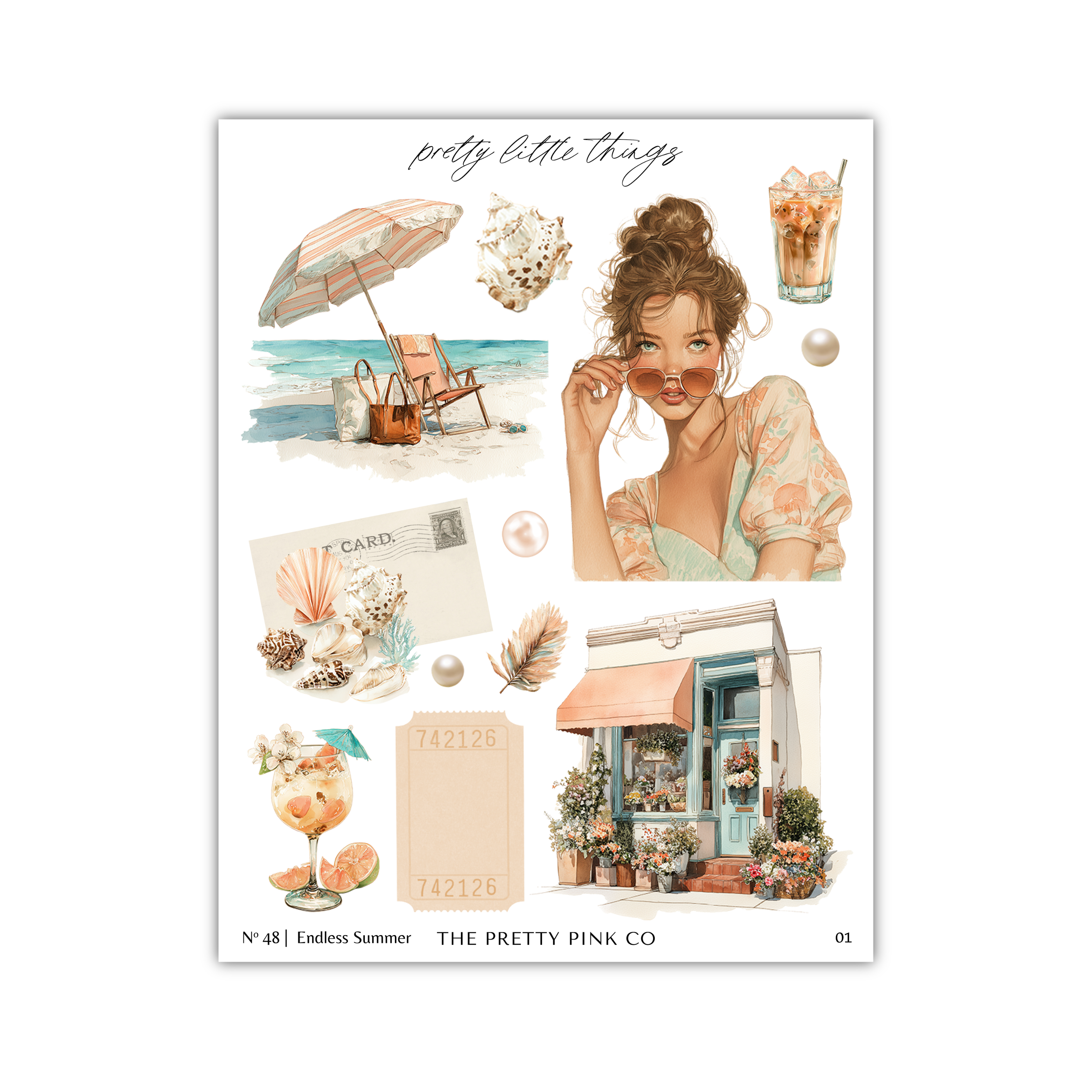 The image is a collage of various summer-themed elements, including a woman with sunglasses, a beach scene, a cocktail glass, a seashell, a flower, and a building.