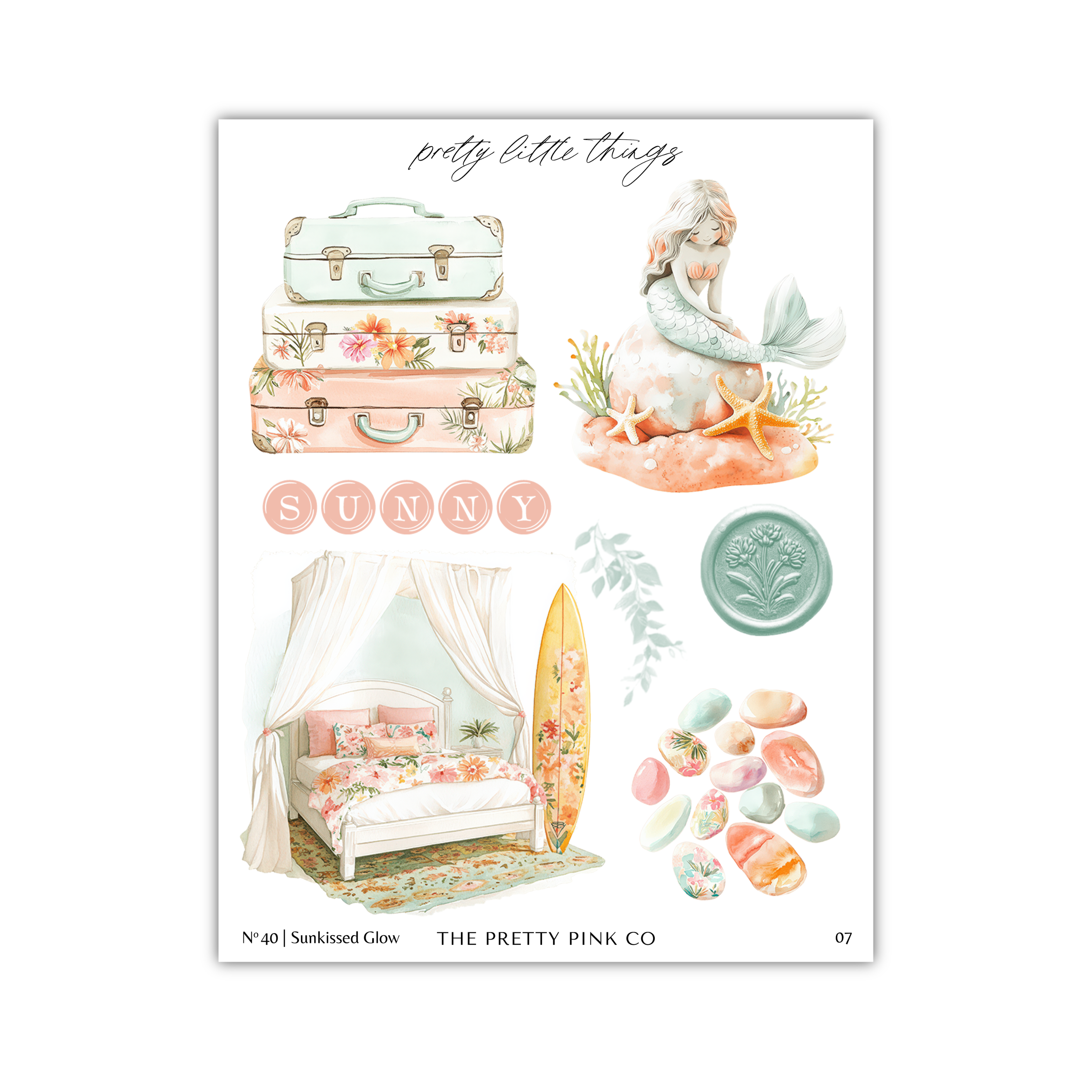 The image is a collage of various illustrations and objects, including a mermaid, suitcases, a bed, a surfboard, and seashells. The text "pretty little things" is written above the collage, and the number "07" is written at the bottom right corner.