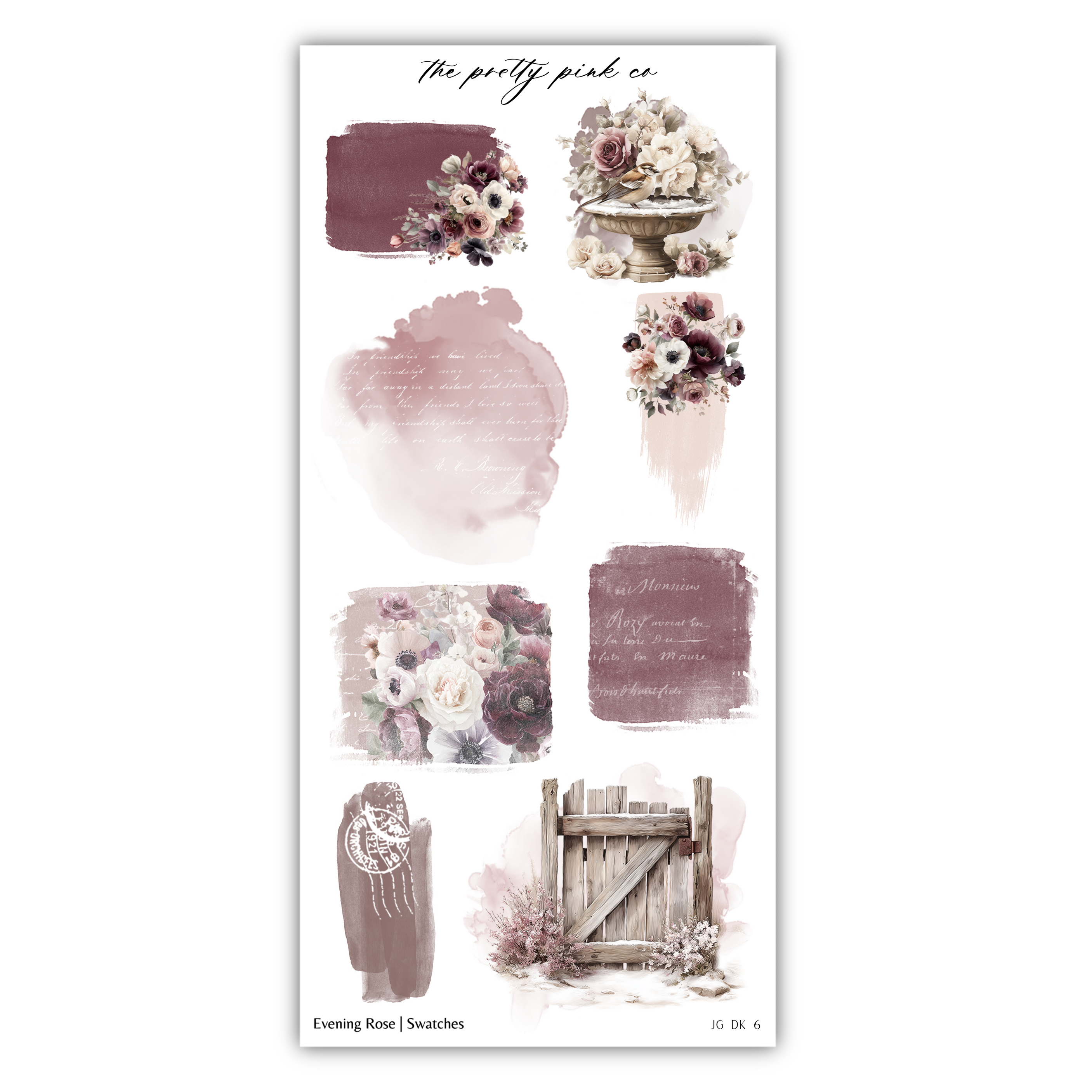 various floral and decorative elements, including a vase of flowers, a potted plant, and a wooden gate. The image is a collage of different artistic elements, and it does not contain any text that can be described in fewer than 500 characters.