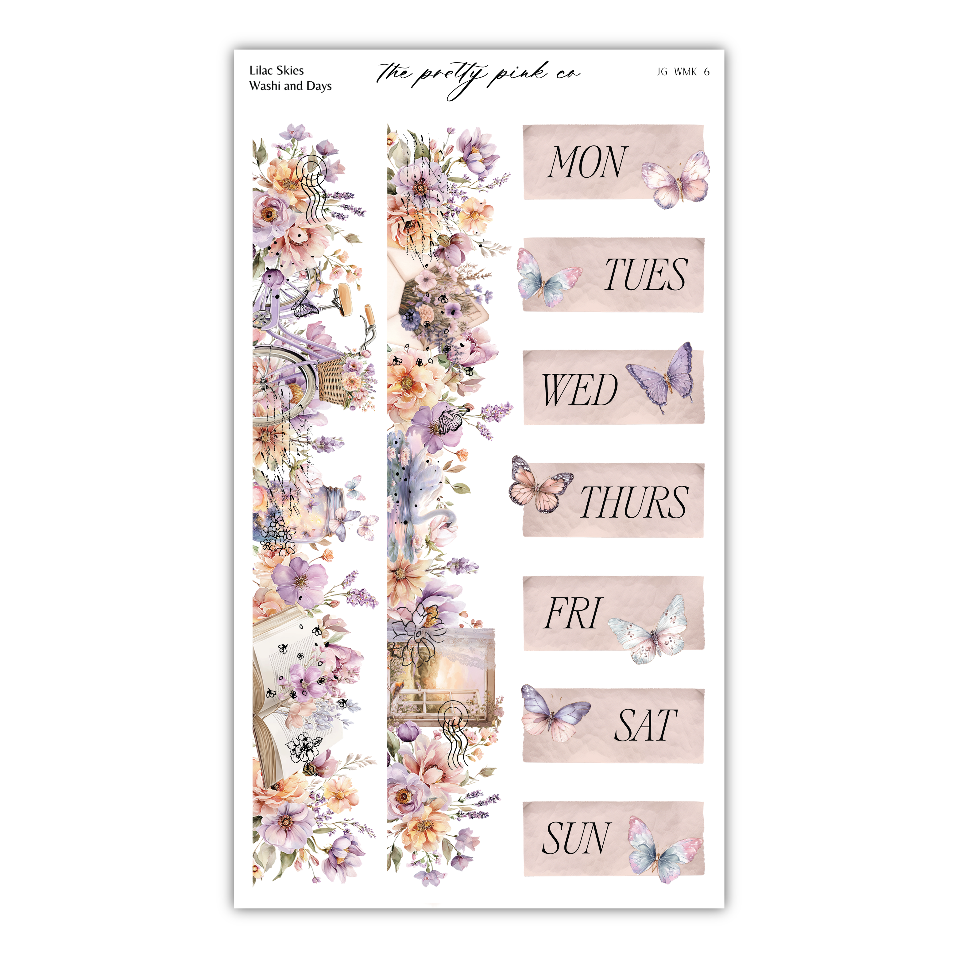 The image is a poster or flyer with a floral design and butterfly motif. It appears to be a schedule or calendar for the week, with each day represented by a different floral design and butterfly. The poster is titled "Llac Skies Wash and Days" and includes the days of the week, Monday through Sunday, with corresponding floral designs and butterflies.