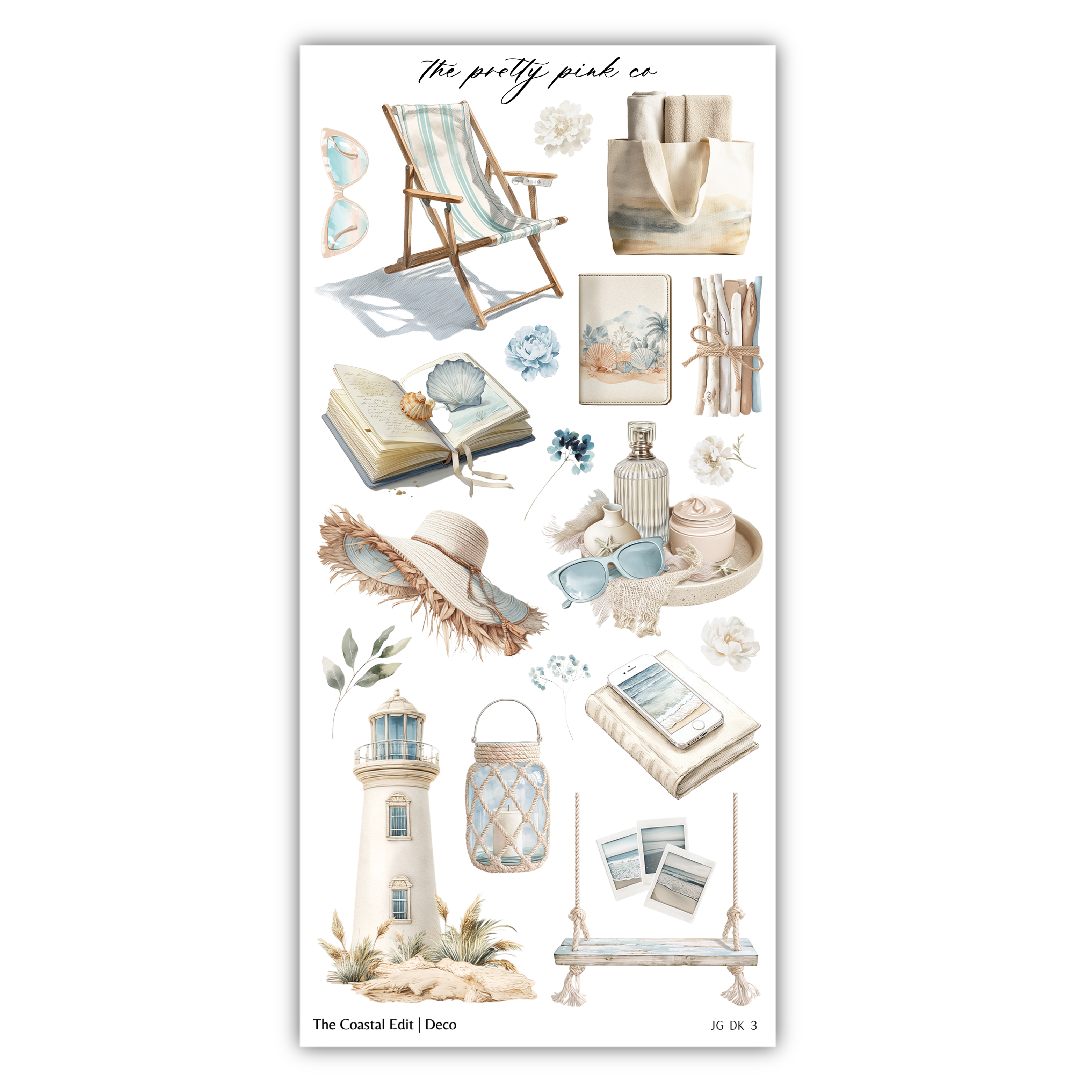 various objects and scenes related to the coastal theme, including a beach chair, sunglasses, a lighthouse, a book, a hat, a basket, and a seashell.