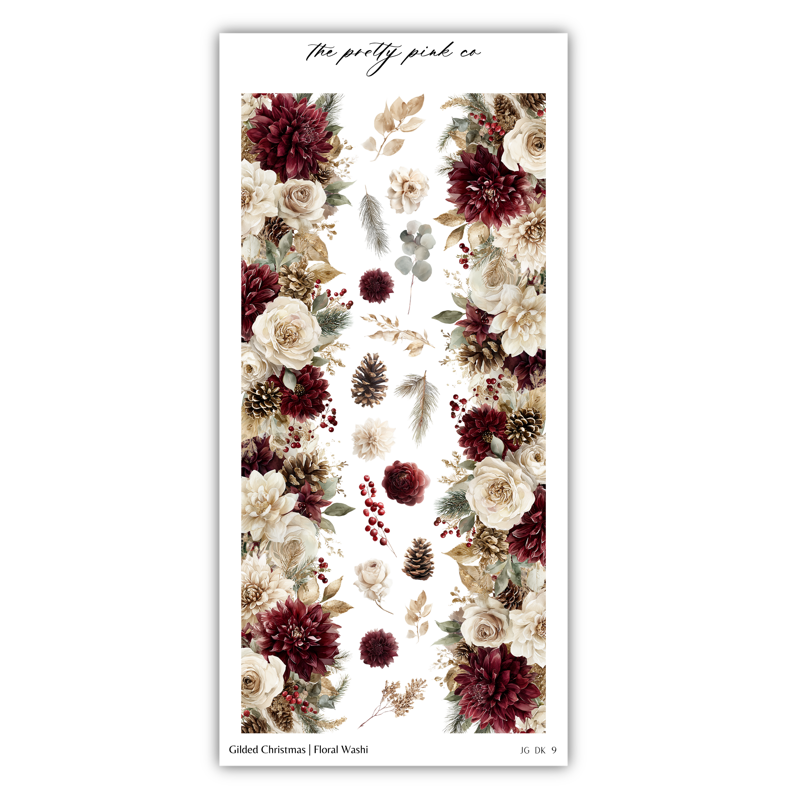 The image is a collage of various floral arrangements, including white and burgundy flowers, pine cones, and berries, arranged in a vertical column.