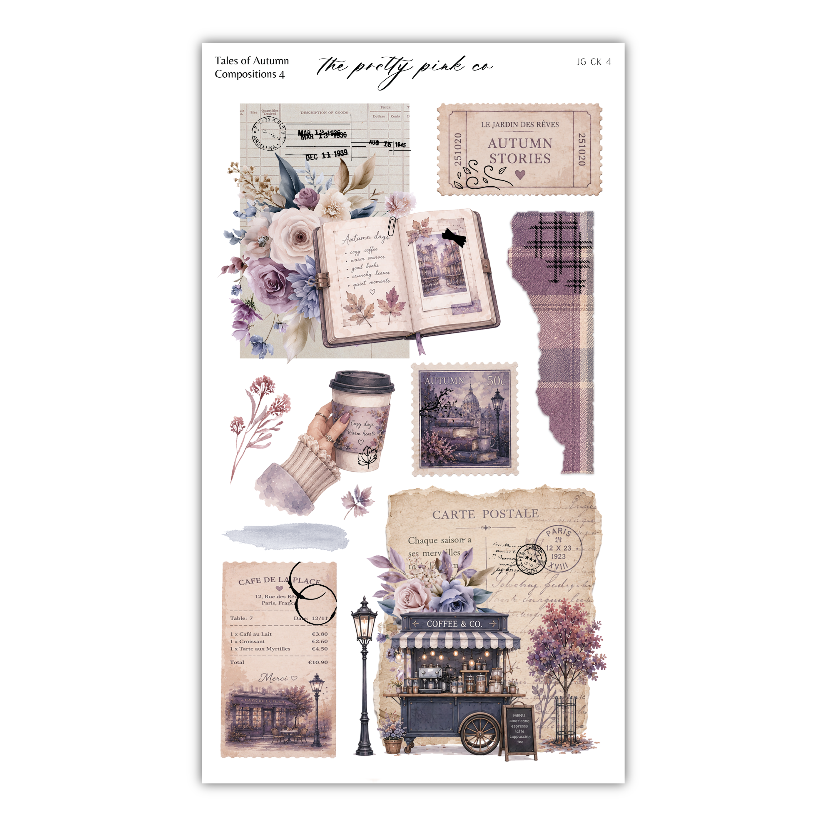 The image is a collage of various autumn-themed elements, including floral decorations, vintage postcards, a coffee cart, and a book. The collage is organized into different sections, each featuring a different autumn-related item or scene.