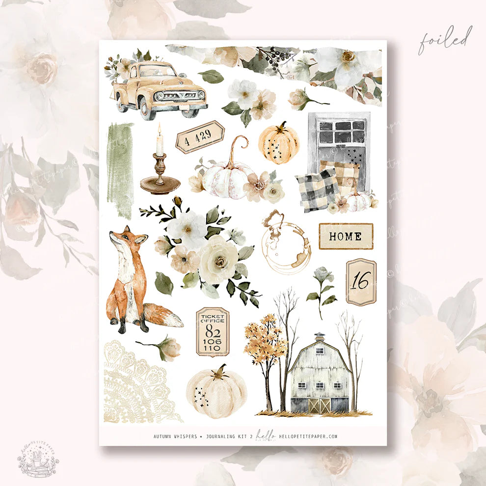 The image is a collage of various autumn-themed elements, including a truck, flowers, pumpkins, a barn, a fox, and a house. The collage is set against a floral background, creating a warm and cozy atmosphere.