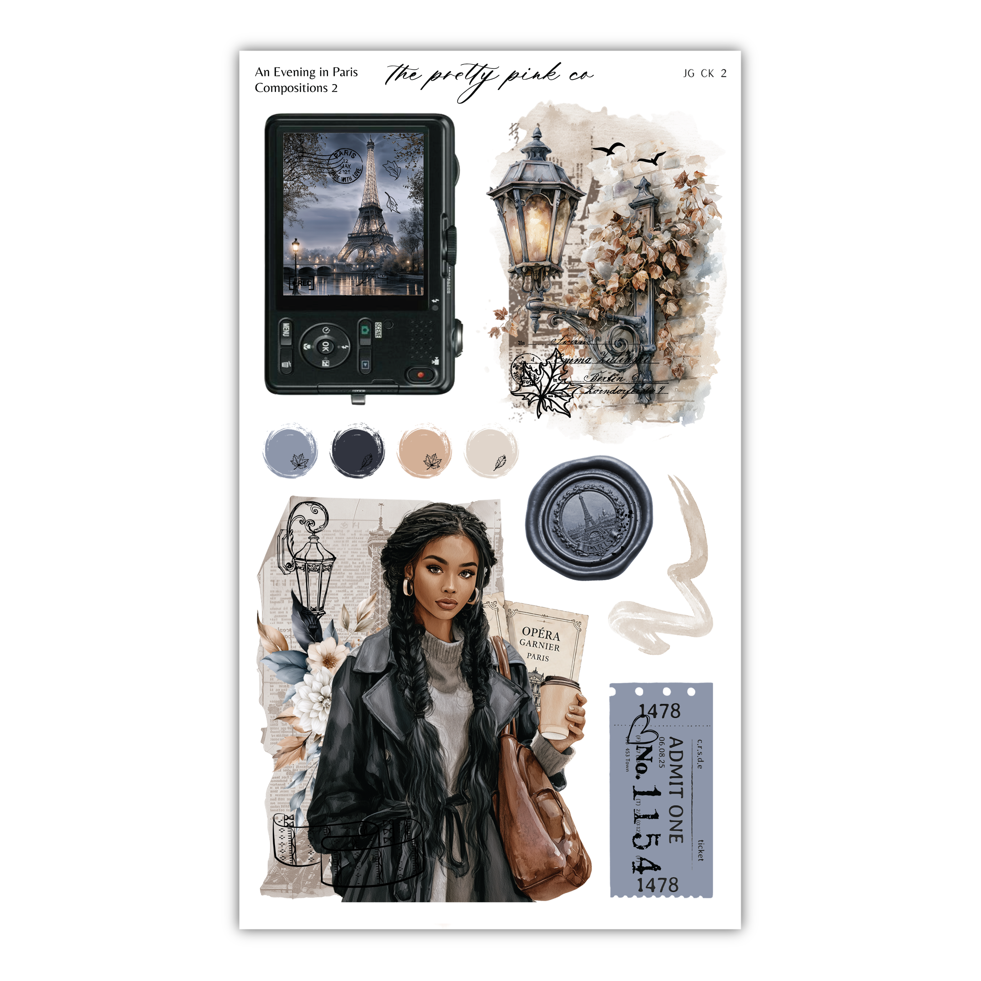 The image is a collage of various elements, including a woman, a camera, a lamp, and other decorative items, all set against a Parisian backdrop.