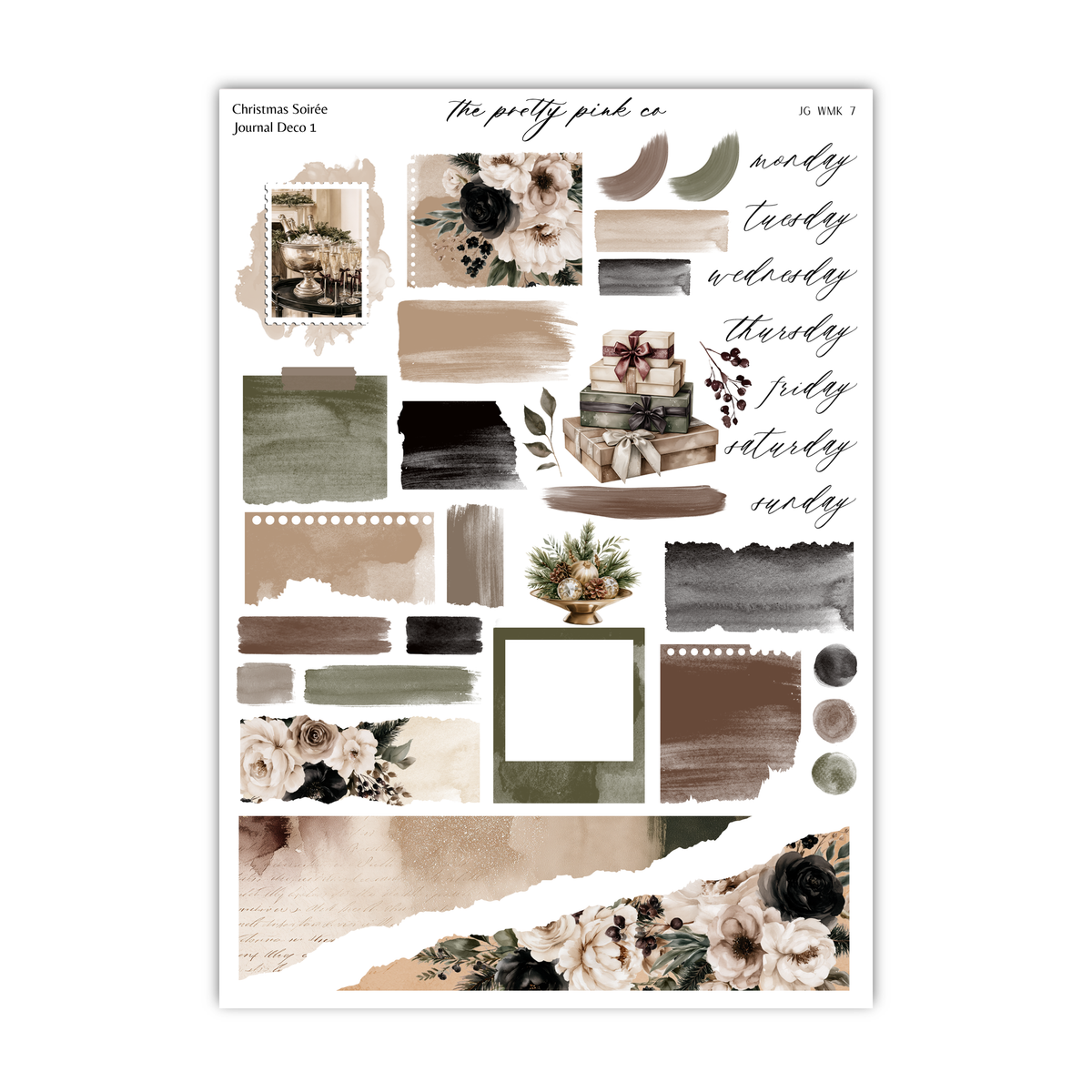 various decorative elements, such as floral patterns, abstract shapes, and text, arranged in a collage format.