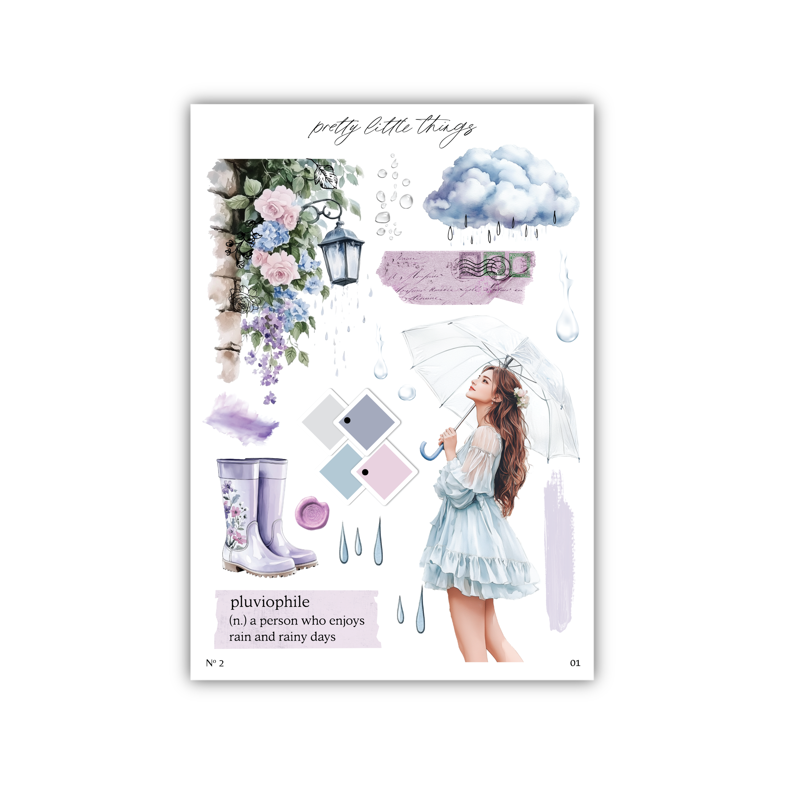 a sticker sheet with a girl holding an umbrella